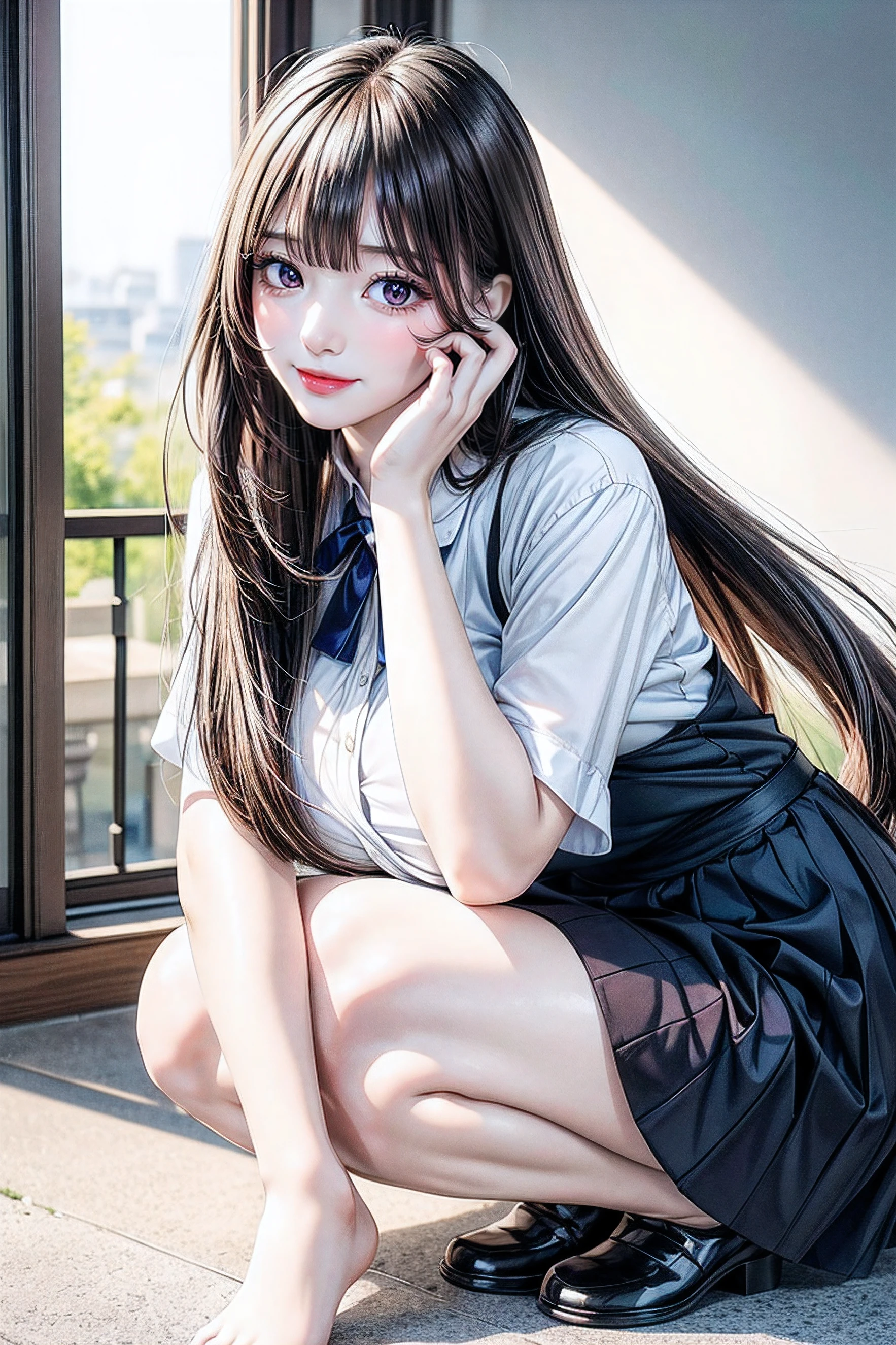 (best quality,8k,highres,masterpiece:1.2),ultra-detailed,realistic,illustration,portrait,close-up,professional lighting,young girl,long hair,beautiful detailed eyes,beautiful detailed lips,serene expression,pale skin,neat school uniform with a black skirt,loose white socks,solo,enjoying the tranquil beach,curtained hairstyle