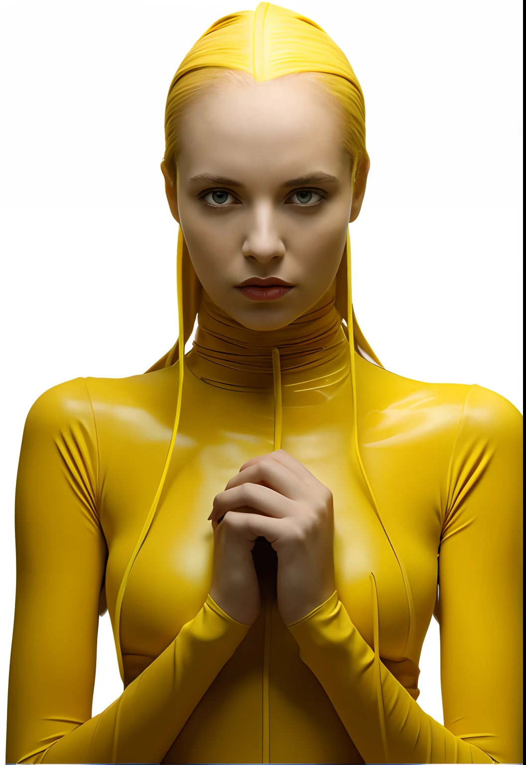 **woman in yellow bizzare elastic rubber high neck, Praying pose, looking slightly upward,twin ponytail hairstyle, yellow palette,new photos by cara mckenzie photojournalist of the day, Gottfriedÿ Helnwein, RF28-70mmf2, f/1.6, symmetrical,Shooting in Raw format, ebru sidar, gothic dark and ornate,Surrealism with an edge, 8k resolution