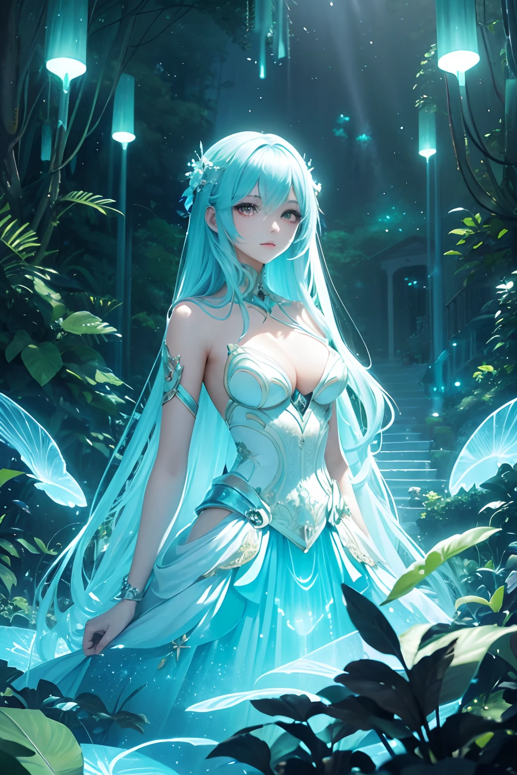 A captivating young woman with radiant skin and vibrant, glowing hair stands in a lush garden, her elegant attire blending elements of futuristic fashion and classic elegance. Surrounded by ethereal bioluminescent plants, her enchanting presence illuminates the scene, reminiscent of a scene from an anime or a comic book. --ar 16:9 --v 5.2