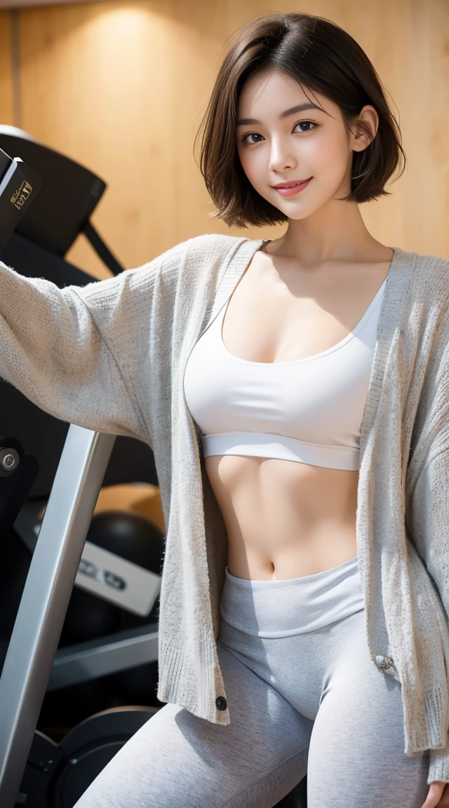 Beautiful young girl, short hair, headband, looking to the viewer, (cute-smiling), raw photo, 8k, high detailed, (in the gym:1.3), (opened cardigan), ((leggings)), ((medium breast)), (showing her thighs), pale lips, white skin, (high detailed skin), textured skin, ((detailed-fingers)), detailed fingers, beautiful eyes, beautiful face, ((seductive poses)), perfect body, perfect face