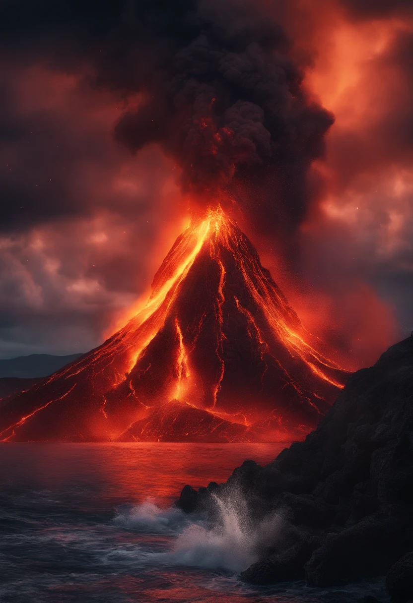 （Lakeside lava and lava Mount Araf, an ancient city on fire, volcano background, a volcano erupts:1.37), （Super tsunami：1.37） volcano landscape, fantasy epic digital art,8 k matte painting, volcano exploding, Illustration matte painting, 4k highly detailed digital art, volcano setting, a volcano erupts, fantasy matte painting