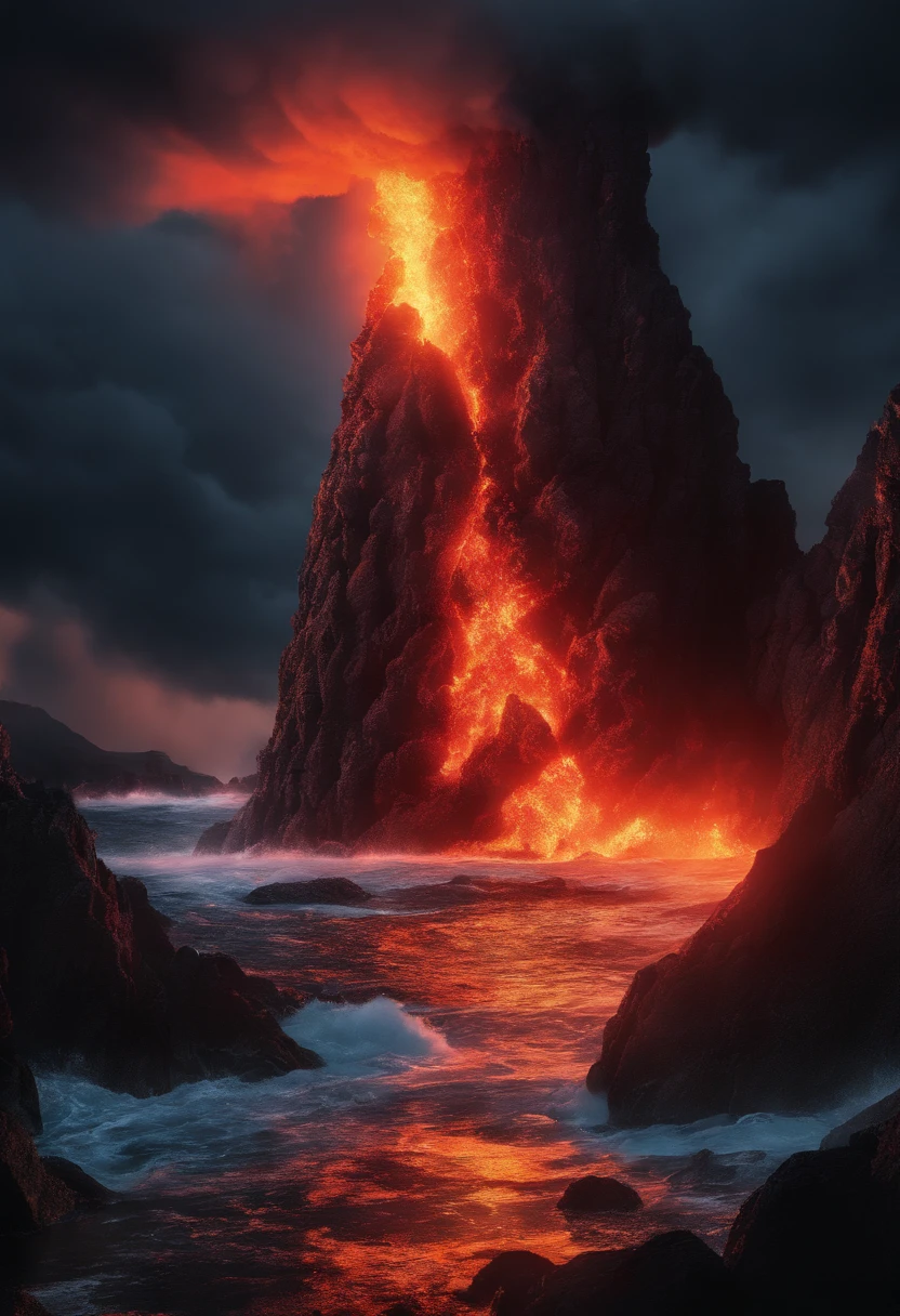 (best quality,4k,8k,highres,masterpiece:1.2),ultra-detailed,(realistic,photorealistic,photo-realistic:1.37),lava spewing volcano,crashing waves,fiery eruption,smoke billowing,roaring flames,[volcanic rocks],[intense heat],ominous atmosphere,thick black smoke,glowing molten lava,[crimson sunset],dramatic lighting,surreal landscape,star-filled night sky,reflection of lava in the water,majestic power of nature,rugged coastline,dangerous beauty,contrast of fire and water,awe-inspiring scene