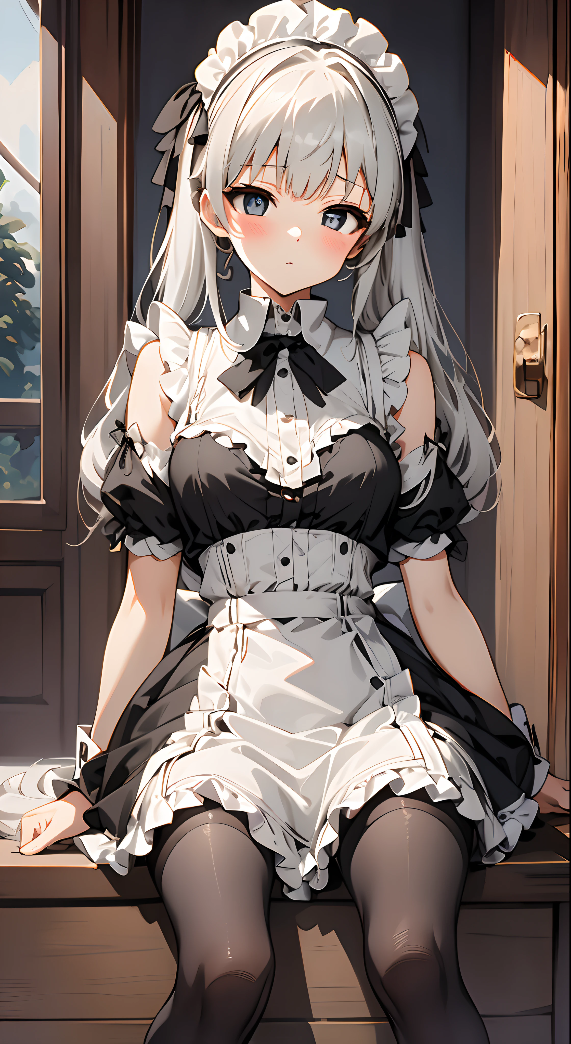 high-level image quality、top-quality、Detailed drawing、Reddening cheeks、Slender adult beauty、Maid clothes、Small eyes、kneehigh、Stockings、B cup，Silvery-white hair，double tails，Gray-black pupils，Pupil highlight，Shoulders exposed，Quiet and spacious study，Potted greenery，Maid with leg rings，（panties are visible：1.5），white  panties，Lift the hem，nsfw