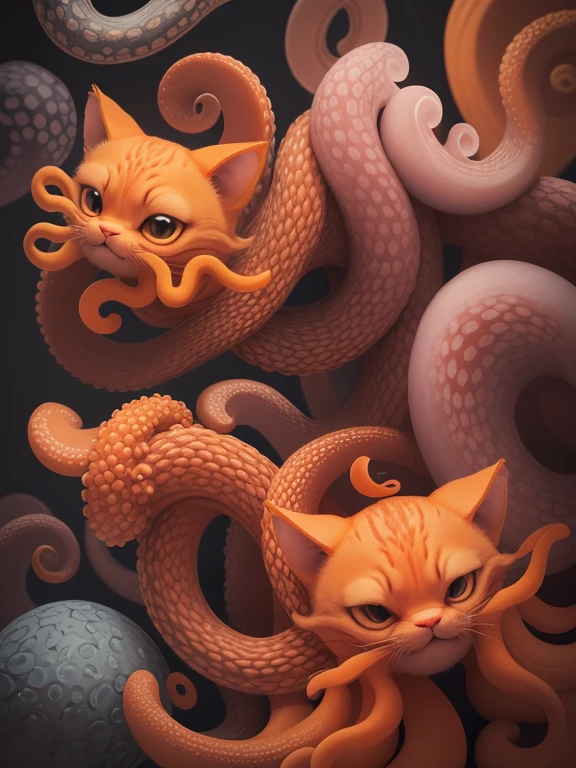 there is an orange cat with octopus tentacles in its mouth, teths and tentacles, many suckered tentacles, cat detailed wearing a black collar