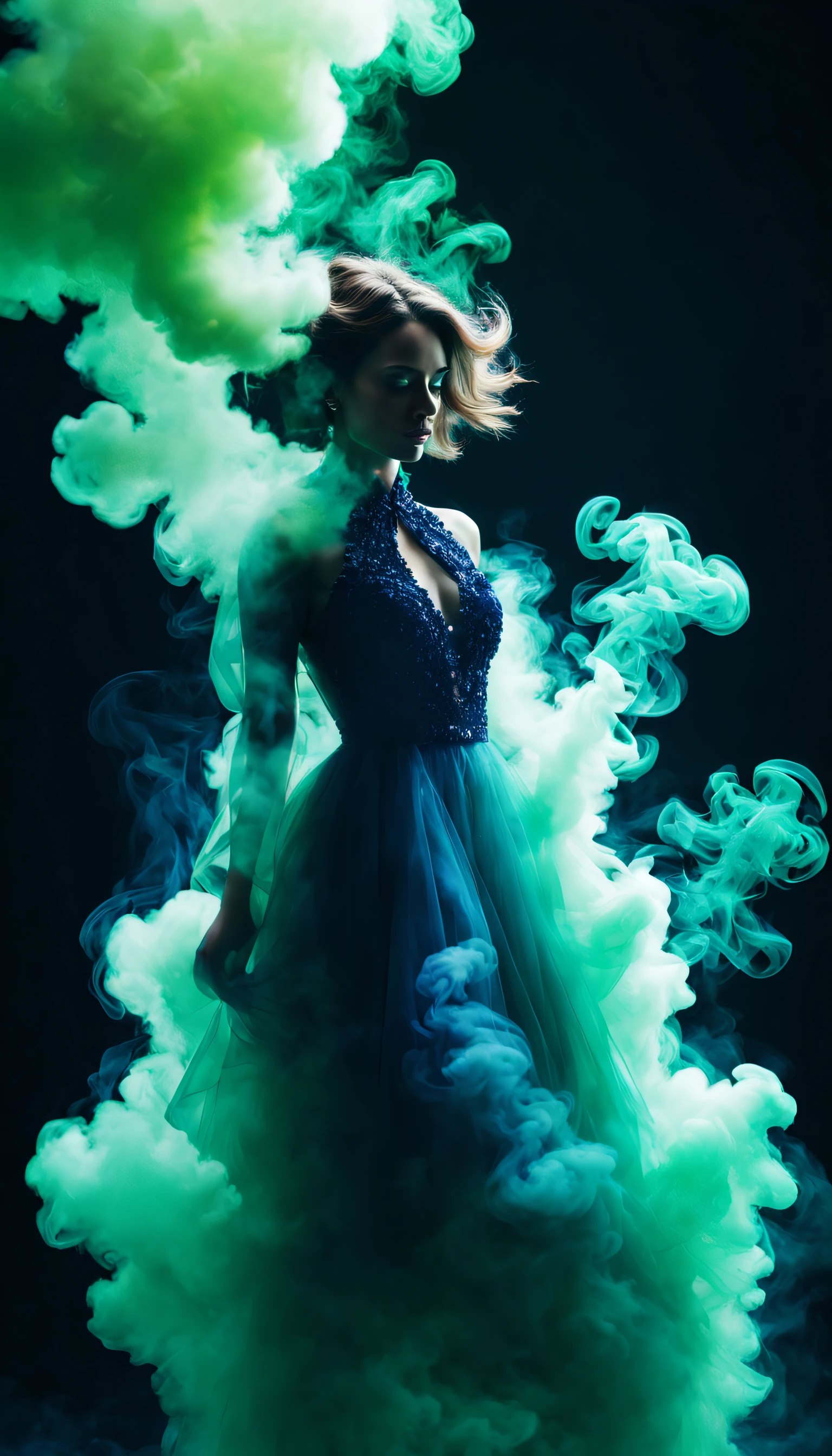 Create an ultra-detailed shot of a figure fully made of smoke in a Smoking Girl shape, full body zoomed, ((Sapphire,Emerald explosion)), (ghostly figure) side view, motion effects, colorful smoke, studio lights, ultra sharp focus, high-speed shot, soft colors, UHD, 16k