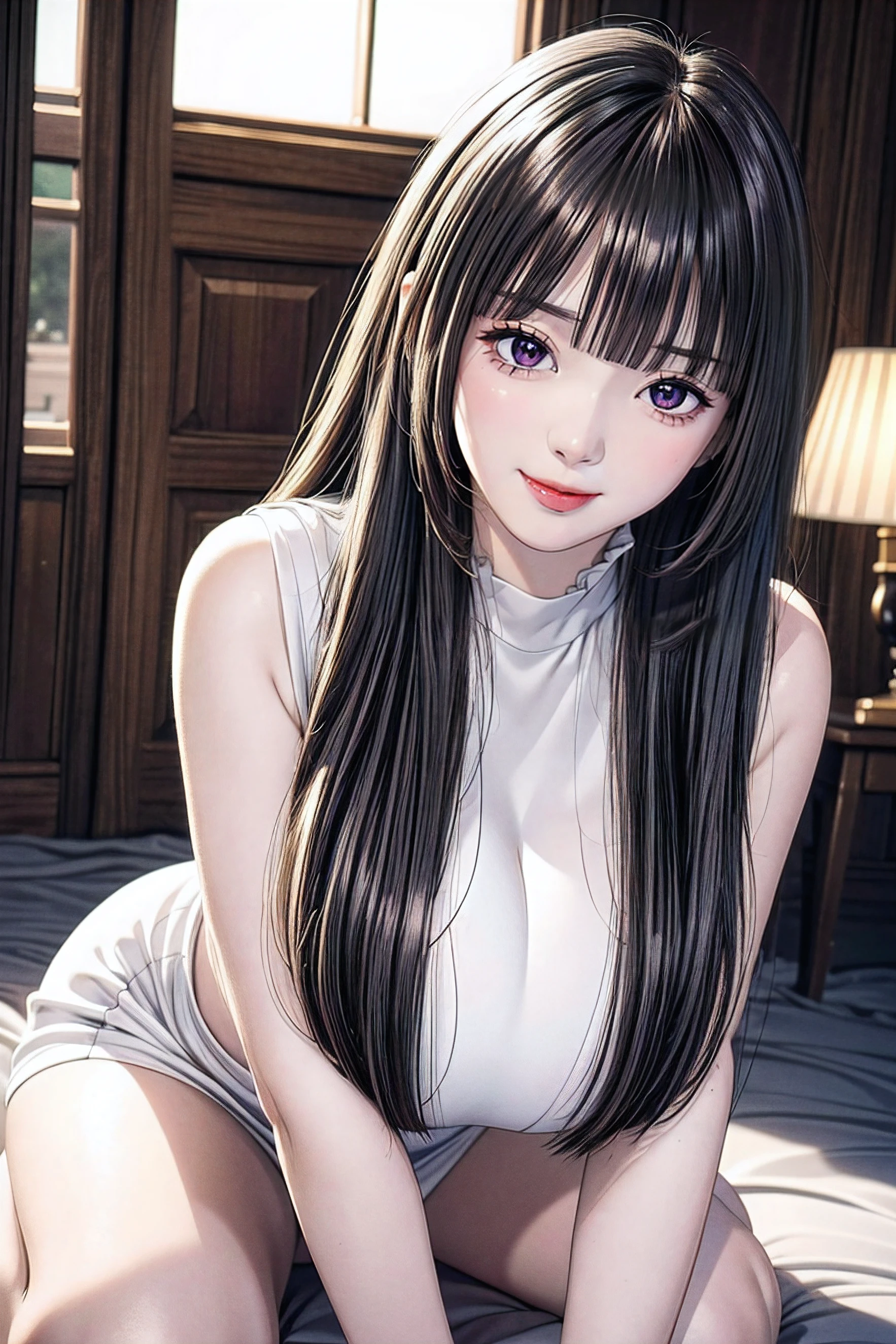 ((Classic thick voluminous bangs:1.1)),(((Longer, heavy be, More voluminous side locks:1.1))),, hime-cut, Hairstyle with straight bangs, Round face with dull bangs, dull with long hair、Bangs are cut straight, (((Full body, thighs thighs thighs thighs))),20yo,Young female,Beautiful Finger,Beautiful long legs,Beautiful body, Beautiful Nose,Beautiful character design, perfect eyes, perfect face,expressive eyes,perfect balance, looking at viewer,(Focus on her face),closed mouth, (innocent_big_eyes:1.0),(Light_Smile:0.3), official art,extremely detailed CG unity 8k wallpaper, perfect lighting,Colorful, Bright_Front_face_Lighting,White skin, (masterpiece:1.0),(best_quality:1.0), ultra high res,4K,ultra-detailed, photography, 8K, HDR, highres, absurdres:1.2, Kodak portra 400, film grain, blurry background, bokeh:1.2, lens flare, (vibrant_color:1.2),professional photograph, (Beautiful,large_Breasts:1.4), (beautiful_face:1.5),(narrow_waist),