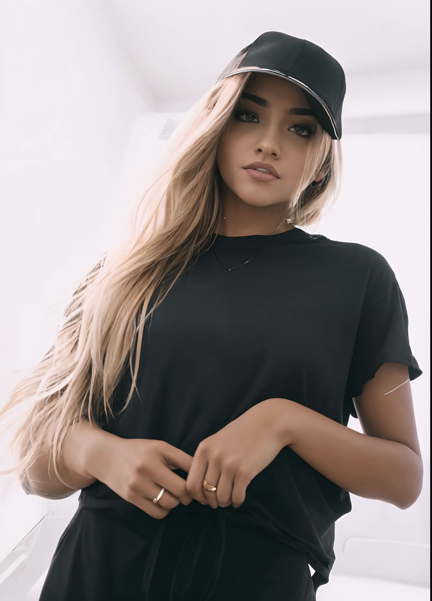 Woman in black shirt and hat standing on a skateboard, vestindo uma camiseta preta, vestindo camiseta preta, wearing black dress and hat, vestindo uma camiseta preta, mulher no streetwear, vestindo uma camisa preta, camiseta preta, roupas pretas, menina atraente, she is wearing streetwear, roupas pretas casuais, Camisa Preta, victoria siemer, infp mulher jovem