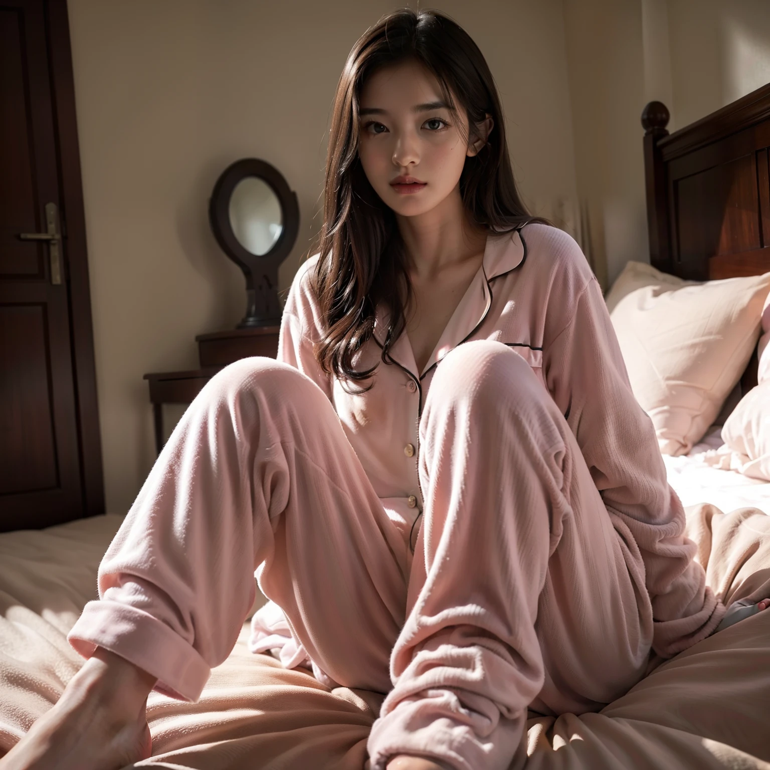 top-quality, masterpiece, 超A high resolution, 8K, Unripe, (photographrealistic:1.4), physically-based renderingt, depth of fields, Look at viewers, A slender, (sitting on:1.1), at bedroom, detailed beautiful faces, 1 rapariga, cute little, 年轻, blush nose, Large black eyes, open open mouth, A dark-haired, Detailed clothing,pajamas pink, (s Pajamas:1.3),s Pajamas,Jelapik, without shoes,