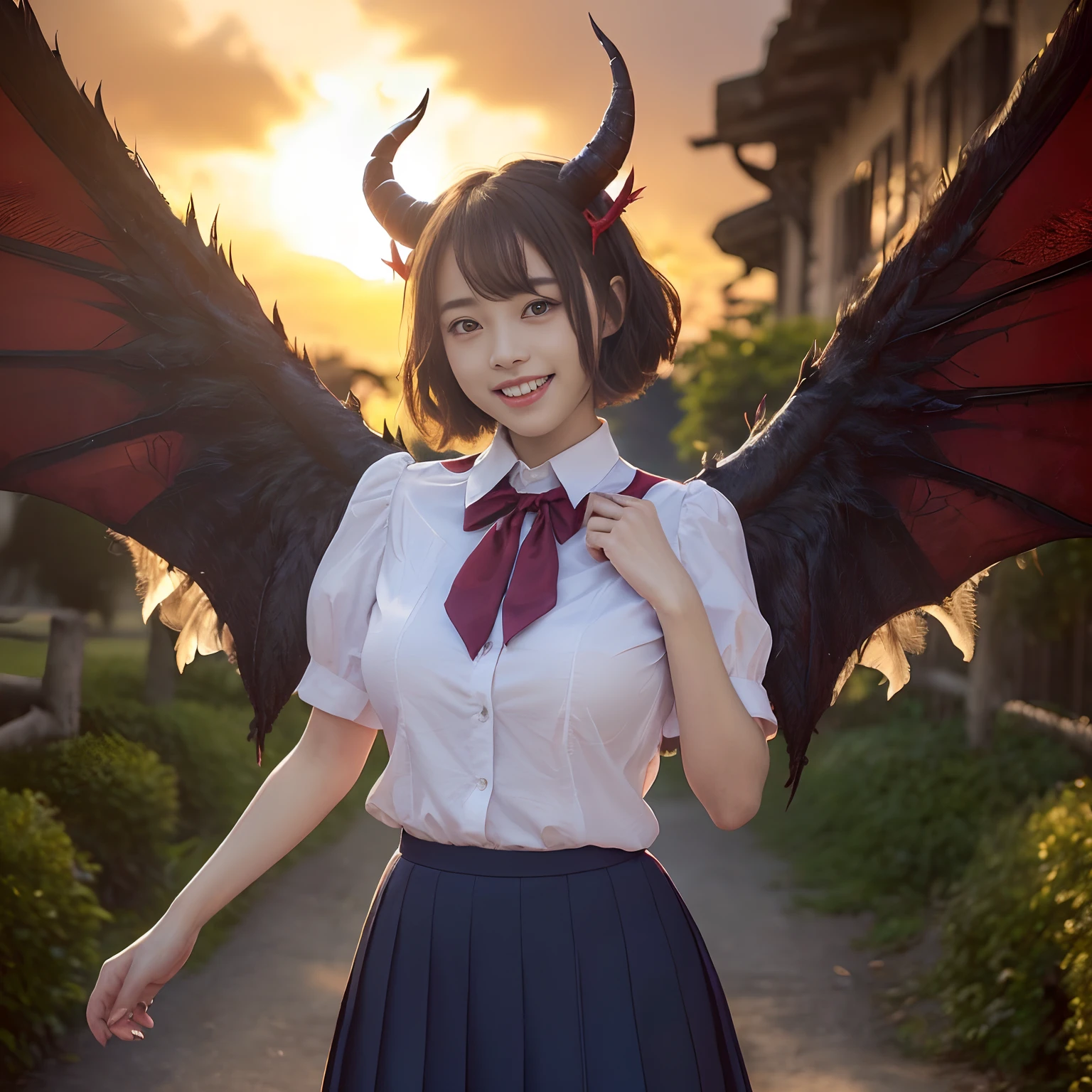 (((masutepiece、top-quality)))((1 schoolgirl、White short-sleeved shirt、Red ribbon on chest、Navy skirt、high-school uniform))、((Huge and intricate demon wings,Wings with a very elaborate texture,Wings with a very complex texture,Creature wings with a very realistic texture,Wings with the most exquisite texture、Perfectly reproduces the texture of creepy feathers、Very flaky and detailed wing texture、Wings of a terrifying monster,Terrible and ugly wings、The most terrifying wings、Wings with unimaginably complex textures、The most terrifying and creepy wings、Huge, Lumpy devil's horns、Corners of the most complex textures、Photorealistic Devil's Wings、Photorealistic Devil's Horns、The most terrifying devil's wings、Unimaginably terrifying wings、Big Devil's Horn,Realistic and big horns,Very complex and terrifying demon horns、Creepy horns,Horn with a very elaborate texture、Terrible and ugly horns、((The background is the route to school、Walking along the school route surrounded by nature、Walking on the way to school))、8K,An ultra-high picture quality,The face of the most beautiful actress,Mature female face、The biggest smile staring at the camera、Happy smiling face、美丽的面容、Beautiful teeth、natural make up、evening glow、Sunset、Beautiful sunset、short-hair、waved hair、Super Detail Wing、spectacular movie lighting、A slender、bulky, Complex wings