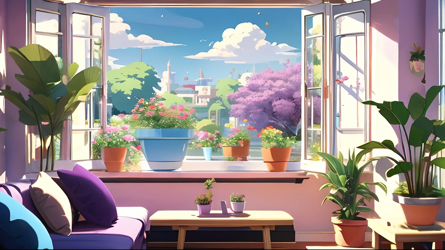 There are potted plants inside, Anime background art, floral environment, arte de fundo, interior background art, drawn in anime painter studio， anime backgrounds, Lots of plants and flowers, beautiful anime scenes，liveroom，inside in room，Warm，Purple flowers，Blue sky and white clouds outside the window，Warm scene in the interior