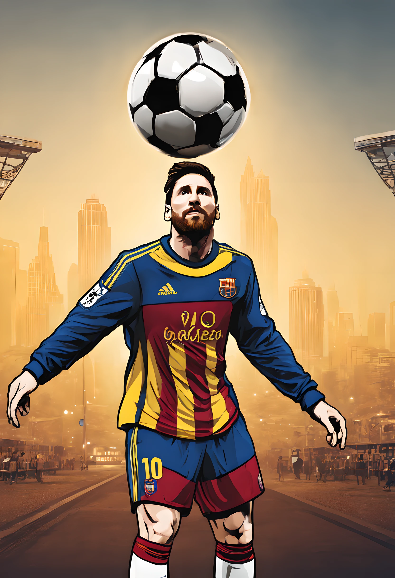 A soccer player is holding a soccer ball over his head, （Football overhead）, （Lionel Messi's overhead football）, Bust of Lionel Messi, American retro style, Modern times, （European and American game styles）, Yellow lights are coming from behind, close-up, cowboy shot, 16k