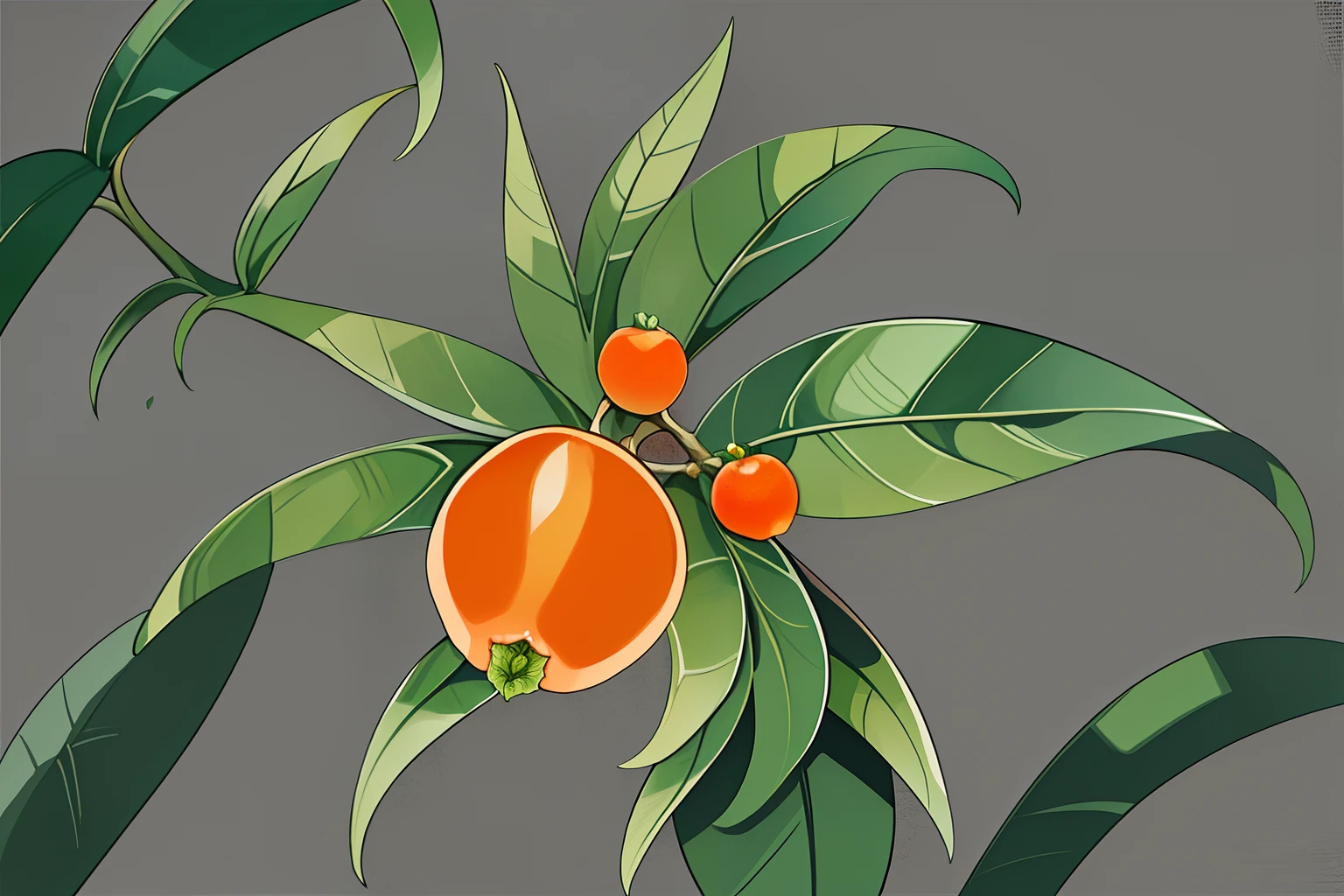 There is a small loquat,There is a leaf on it, made with illustrator, inspired by Koson Ohara, loquat, A loquat, Orange skin, Loquat plants, professional fruit photography, Orange background, (light orange mist), orange and green power, made in adobe illustrator, botanical artwork, botanical art, Orange tone, White background image