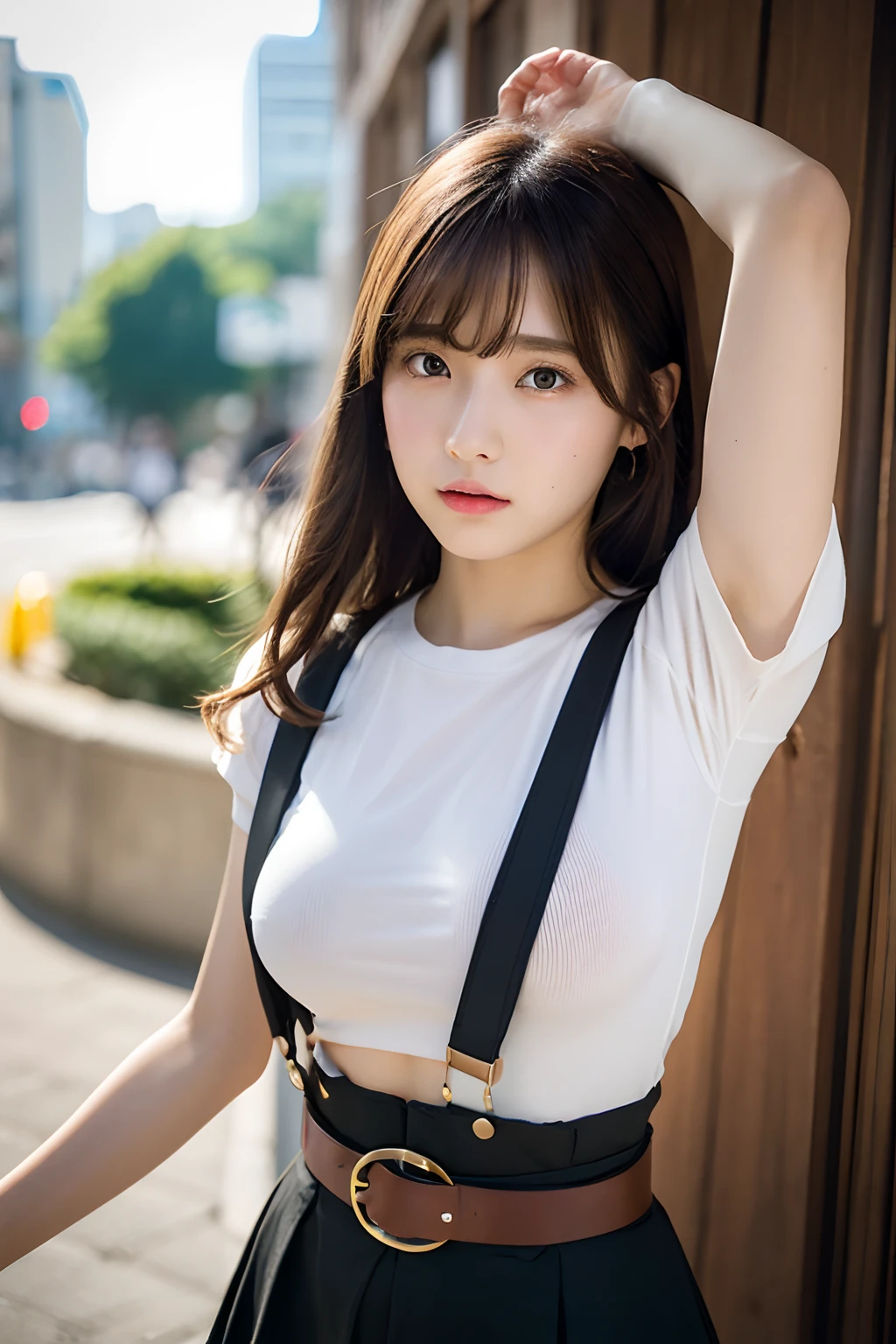masterpiece、flat-colors、depth of fields、lens flare 1 girl、、Brown hair、watching at viewers black suspenders bulging big breasts Armpit sweat perspiring Side of both hands walls: Black miniskirt garterbelts Gaze Small face Bangs Upper Eyes flank Rat-colored eyes holster Belt Cutter Shirt