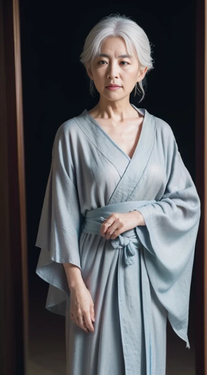 ((Best quality, 8K, Masterpiece :1.3)), Sharp focus:1.2 , Photorealsitic,(Cinematic lighting),Facial detail texture. Eye details. Double eyelids, Slender body. Super small breasts, Sexy collarbone,70-year-old grandmother, photo-realistic:1.37,Perfect eyes, ((1 Old man in a gray yukata)),(white sash),(Thick cloth),((Ragged linen)),With a petite figure,whaite hair,hair-bun,Qi bangs,Stand in the snow,Hands behind your back,Full body like,short- sleeved,robe,folds,((solid color backdrop)),Front lens,There are a few wrinkles on the face,Traditional Chinese women,Be kind,white haired Cangcang,Shanshui temple background,in a temple,Clear day,Back to the bell tower,full bodyesbian,Full body like,frontage