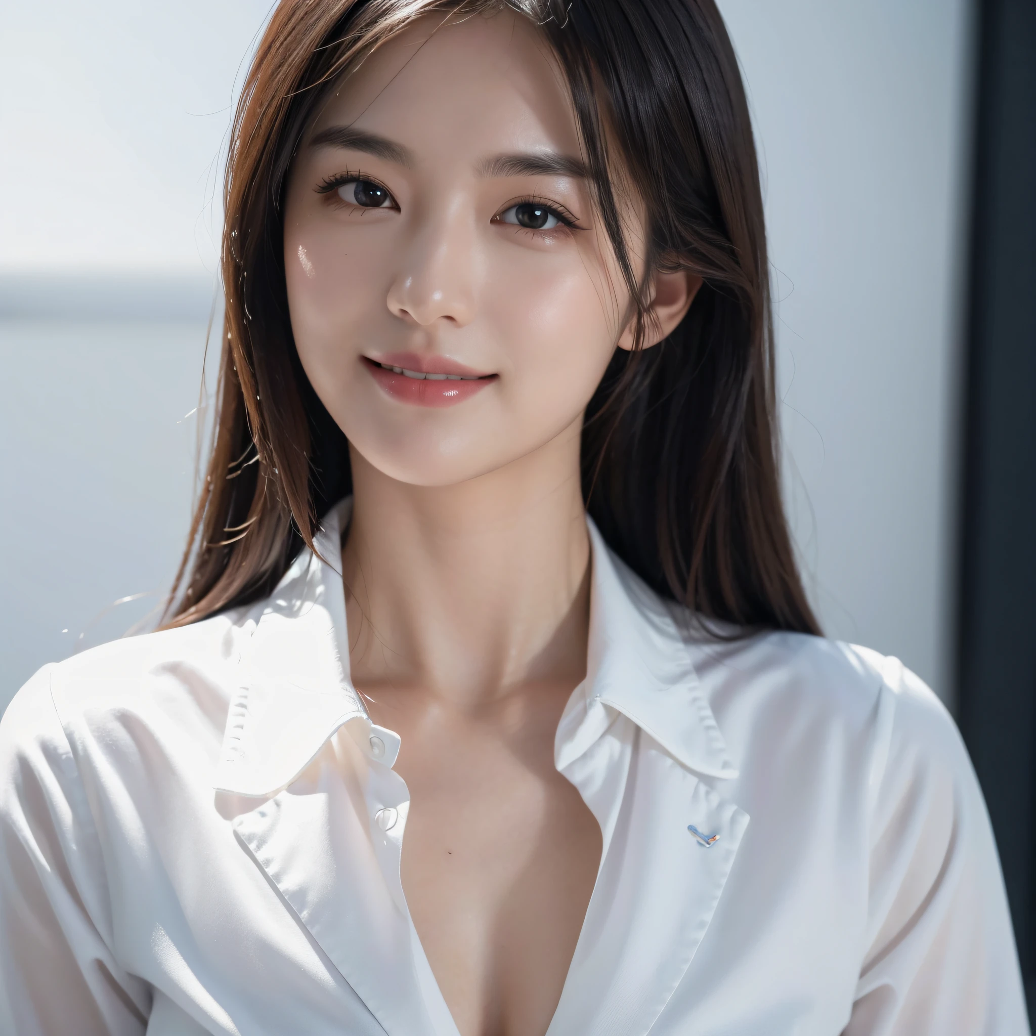 One super beautiful woman、((best qualtiy、8k masterpieces:1.3))、foco nítido:1.2、(ultra beautiful faces:1.0)、(shinny skin:1.0)、photos realistic、A dark-haired、Video Lighting、High-definition eyes and face、Japan Idol Actress、from the front side、medium breasts、Smile、Slender Abs Beauty、Whole body、wears a suit、wearing a shirts、In the office
