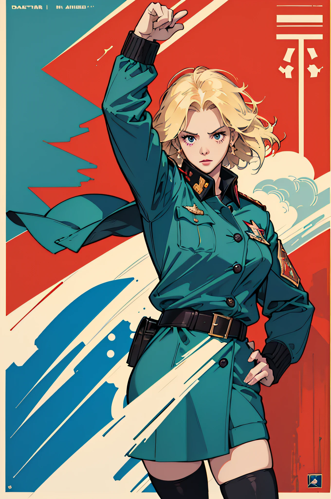 CCCP poster, soviet poster, USSR Flag in background, USSR Poster, Soviet Union poster, October Revolution, ((CCCP Poster, Soviet Poster)) (blond 1 mature girl holding up her hand in the air) propaganda Poster, poster, Soviet flag on pole, blue sky with fighter jet, uniform, 1girl, solo, good body, Poster design, poster art style. 1980s, 1950s, 1960s, basic colour scheme, Very colourful poster, colour art, thirds rule, inspiring, general, military officer, woman, 1 mature girl, hair blowing in the wind, hand high in the air, revolutionary, pointing with finger, red square backdrop, thick legs.