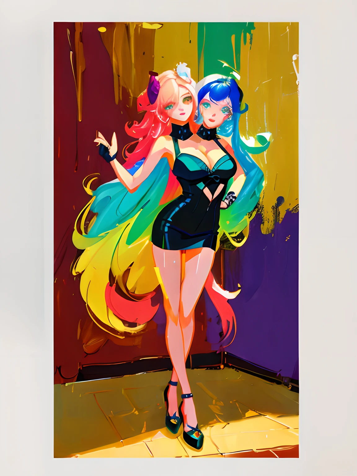 (masterpiece, best quality), best resolution, (2heads:1.5), 1girl, Woman with long light hair and bright makeup, perfect clear face, perfect anatomy, painting of a, Vivid neon ink painting, Vibrant digital painting, Vibrant digital art, colorful art, art of alessandro pautasso, vibrant cartoon art, jen bartel, colorful digital art, Colorful paintings, Colorful Digital Painting, Hypercolor Digital Art, Vivid paintings, Full-color digital art, colourful drawing, vibrant fan art