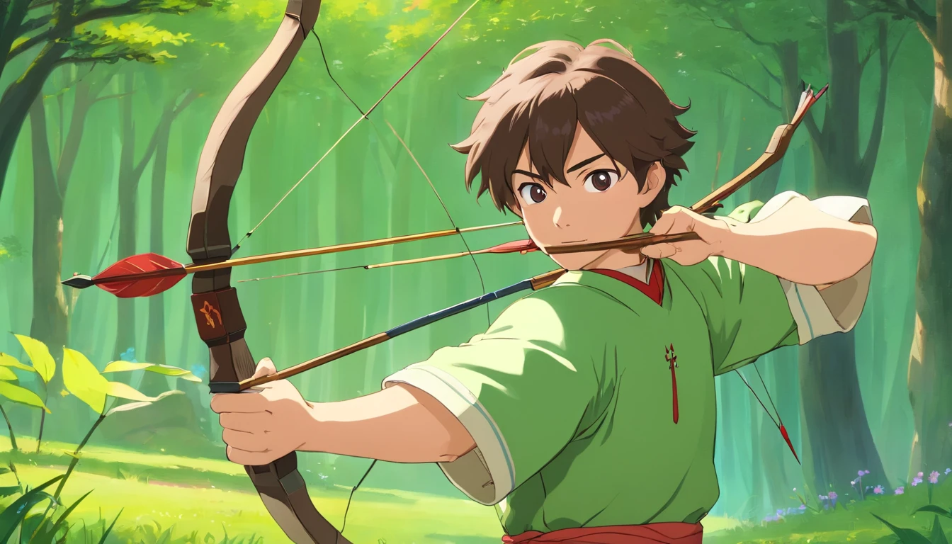 Best quality,Highly detailed,Masterpiece,Asian male,full bodyesbian,archery,Archery competition,wearing a hanfu,Square face,Deep eyes,Beard