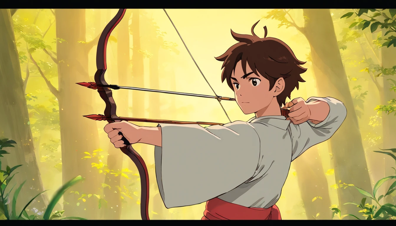 Best quality,Highly detailed,Masterpiece,Asian male,full bodyesbian,archery,Archery competition,wearing a hanfu,Square face,Deep eyes,Beard