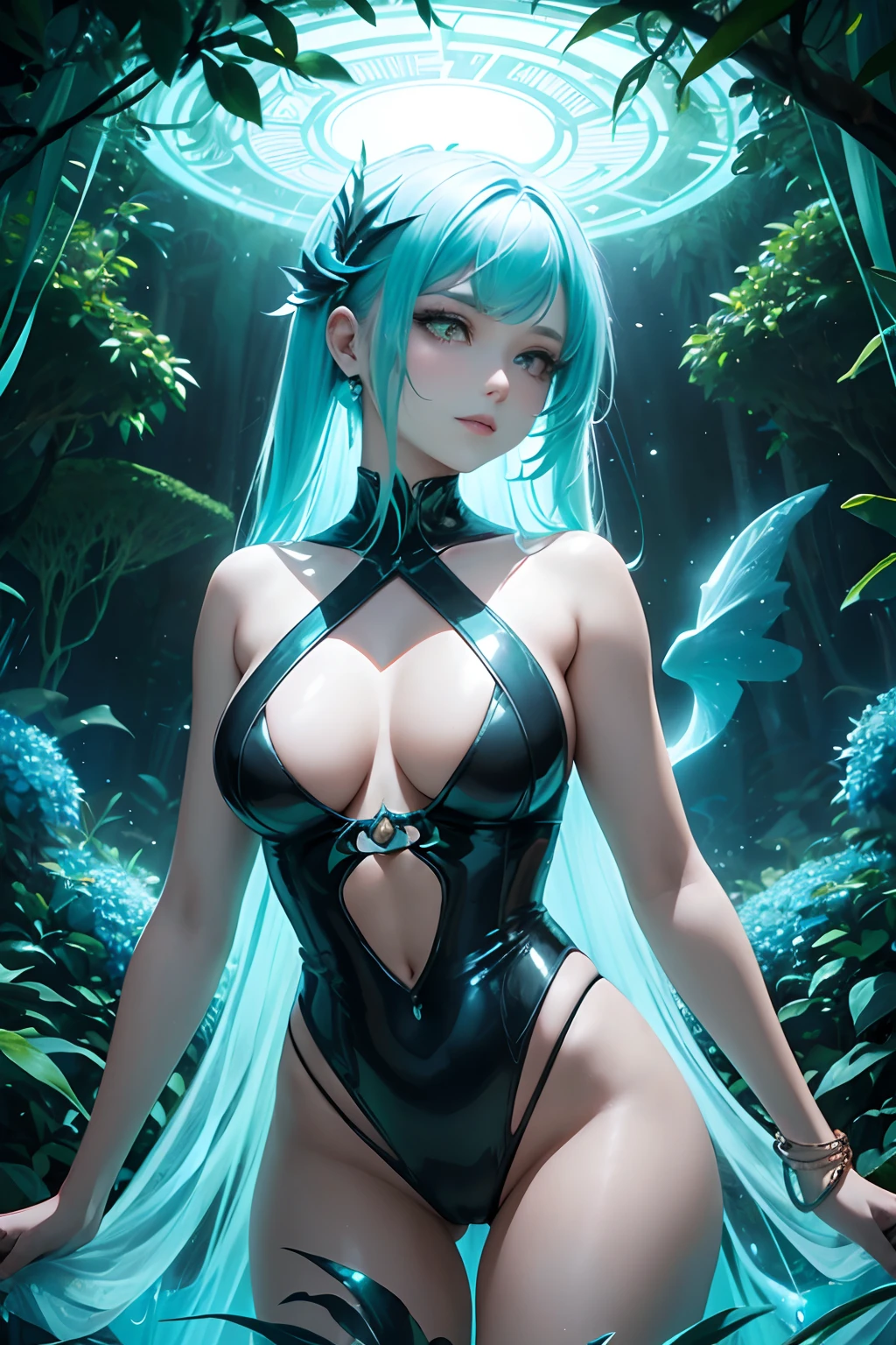 A captivating young woman with radiant skin and vibrant, glowing hair stands in a lush garden, her elegant attire blending elements of futuristic fashion and classic elegance. Surrounded by ethereal bioluminescent plants, her enchanting presence illuminates the scene, reminiscent of a scene from an anime or a comic book. --ar 16:9 --v 5.2
