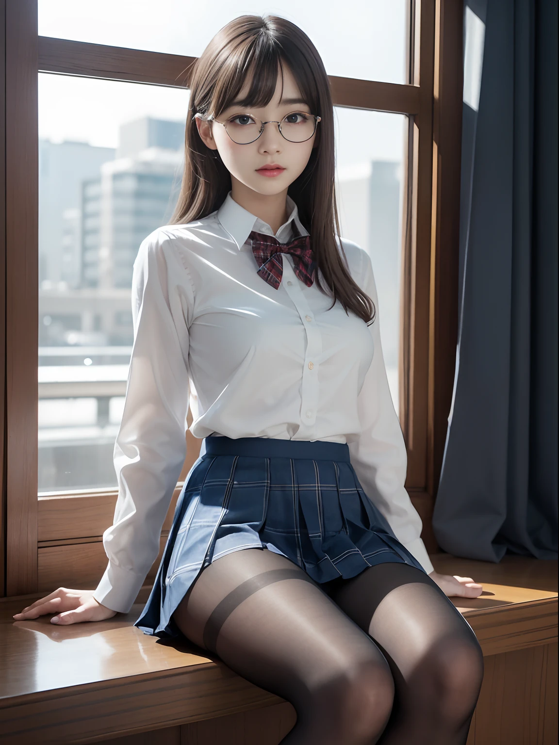 1 rapariga、（(Beautiful girl lying in classroom)）、long leges、((spread their legs))、（(A smile)）、moderately sized breasts,、(8K、RAW photography、top-quality、tmasterpiece:1.2)、(hentail realism、photoRealstic:1.37)、Student clothes、（(Girl in white blazer、Open before the uniform)),　Badge on the breast、、Translucent white shirt、、red necktie、flare skirt，Narrow check,Long straight light chestnut hair,,（skyscrapers outside window）、Wearing glasses,((panties are visible)),