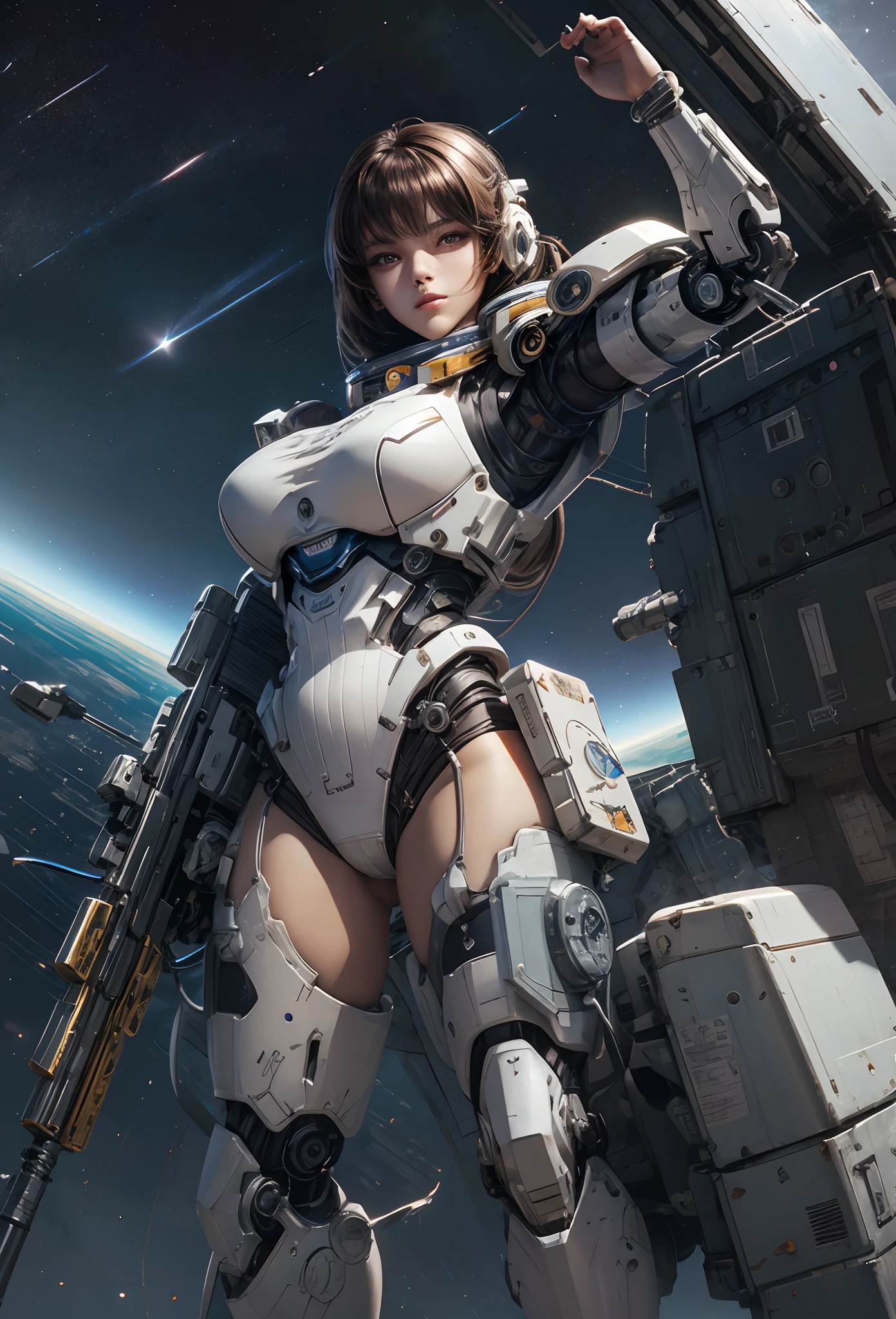 (Detailed illustrations,Very detailed and detailed drawing,Delicate lines with slow and rapid,Realistic texture expression),[Color tressed main line],(Space Battlefield [Space Mobile Fortress]),[独奏],HENTAI (((ANIME) BIONICGirl) Beauty 15 years old ((well-muscled) [plump])) (Astronauts Cyborg) [Space Marine Corps Military [MASCHINEBODY]],Bullet Belt Javelin [[Firearms, Machine Guns, Bazookas] Saber Rifle ][[Rocket Pack]],Zero Gravity Front,gravure [[White Devil] [Outer space combat]] Battle Damage,[retro-futuristic],(Intricate and beautiful decoration [Dense detail]),(Fine and beautiful skin expression [Transparency]),[Perfect eye details (Iris beautifully drawn in every detail)[Jewel-like eyes]],[long and beautiful eyelashes],[Meticulously drawn hair [More on beautiful and shiny hair]],(Perfect hand details [Beautiful fingers without breakdowns [Beautiful nails]]),(Perfect Anatomy(Perfectly proportioned))[[Full body like]],[[Design built to the highest level]][Ideal color coordination(Accurate simulation of light-material interactions)],([Precision Detail](detaileds,high-detail)),[Visual art that conveys a sense of narrative].