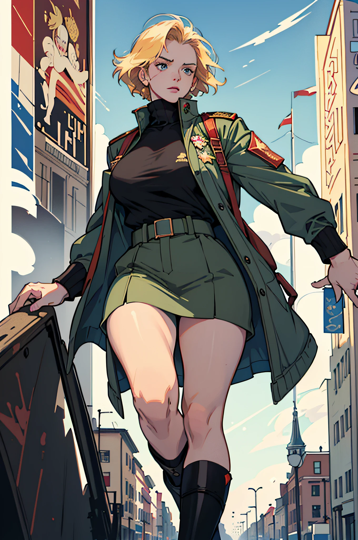 CCCP poster, soviet poster, USSR Flag in background, USSR Poster, Soviet Union poster, October Revolution, ((CCCP Poster, Soviet Poster)) (blond 1 mature girl holding up her hand in the air) propaganda Poster, poster, Soviet flag on pole, blue sky with fighter jet, uniform, 1girl, solo, good body, Poster design, poster art style. 1980s, 1950s, 1960s, basic colour scheme, Very colourful poster, colour art, thirds rule, inspiring, general, military officer, woman, 1 mature girl, hair blowing in the wind, hand high in the air, revolutionary, pointing with finger, red square backdrop, thick legs.