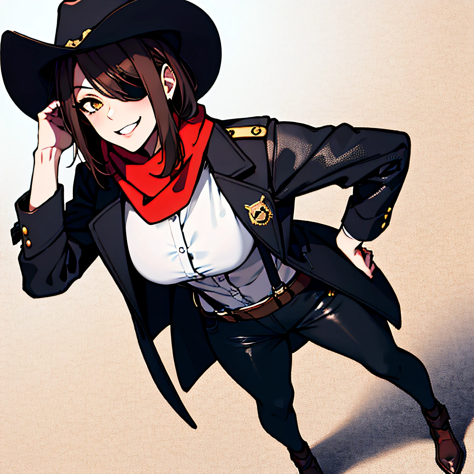 (absurdres, 8k, 4k, masterpiece, hyper extreme detailed:1.2), solo, 1girl, front view, portrait, best quality, expressive eyes, perfect face, 1girl, portrait, solo, standing, Female, toned body, mature female, medium breasts, pale, hair covering one eye, dark brown hair, long hair, eyepatch, sarcastic, snarky, soldier, adult, hazel eyes, delinquent, sarcastic, cowgirl, cowgirl outfit, full body, smirk, crazy eyes, messy hair, swept bangs, cowgirl outfit, cowboy hat, left hand on hip, right hand on head, sheriff's badge, holster, full body, cowboy_shot, closeup, vest, jacket, leather pants, ribbon, suspenders, buckles, belts, scarf, white button shirt, cowboy coat,