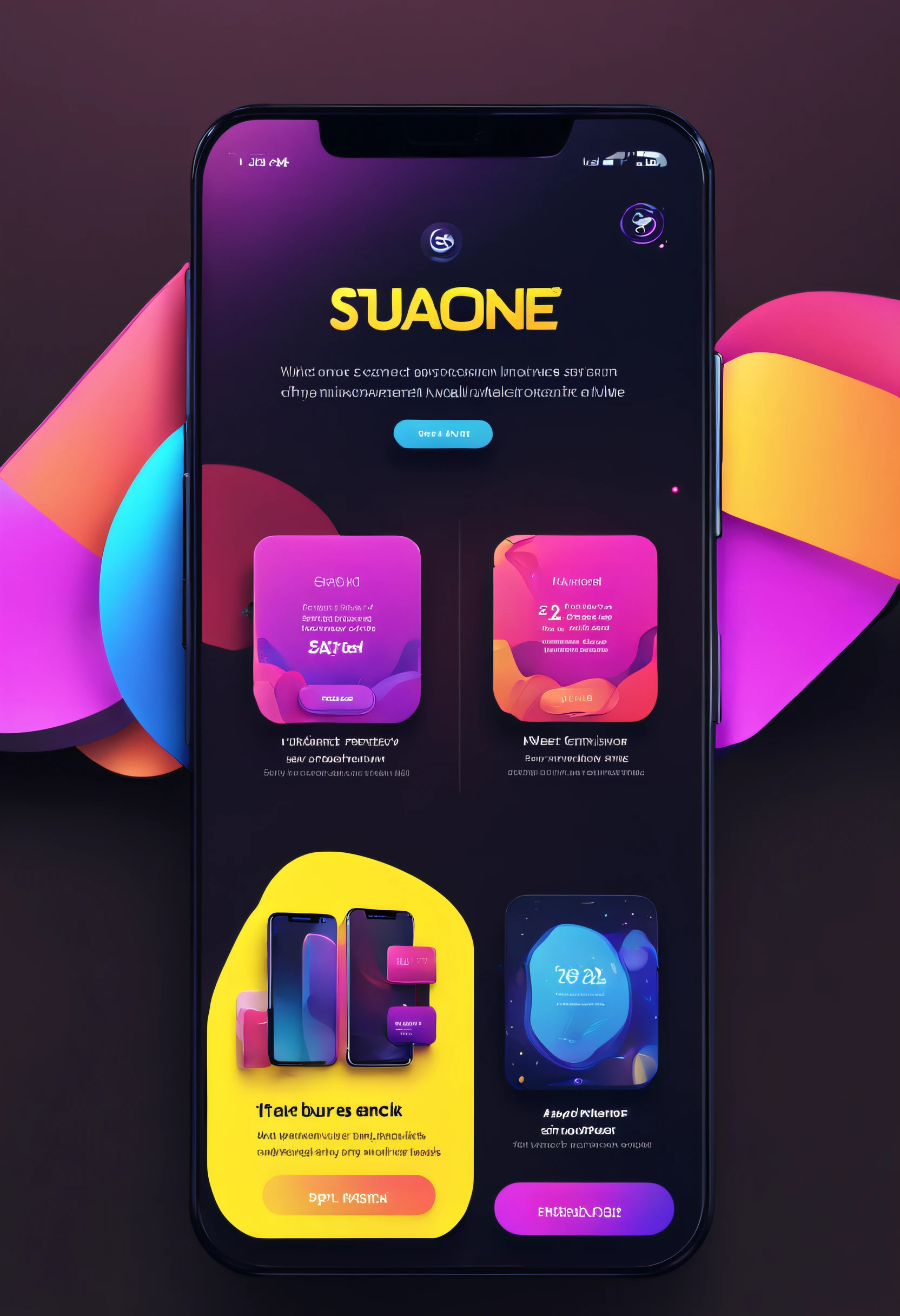 I want a photo to be used to display a phone application in a 3D space with a dark theme and neon colors. This banner was for displaying a store app with a bag feature. It has a score and the design scale should be horizontal and the focus of the image should be on the phone and wallet. The dimensions of the image are 21 x 29
