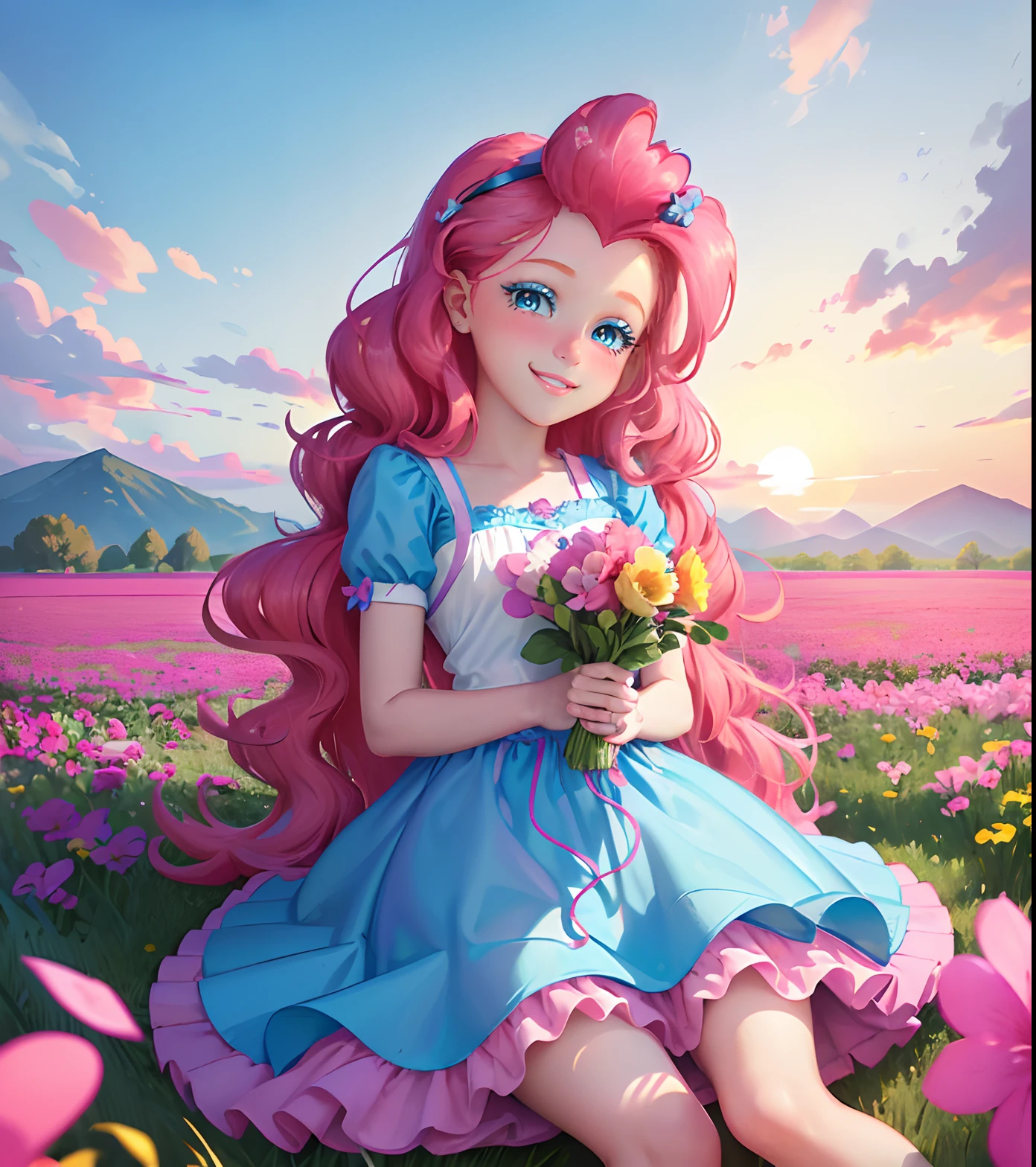 My little pony pinkie pie, pinkie pie, pinkie pie in the form of a girl, long dark pink hair, blue eyes, long pink and blue frilly dress, white frilly thigh high, small pink heels, blue sky, pink clouds, ((sitting in a pink and blue flower field)), staring at viewers, (light pink skin 1.5), soft blush, happy smile, soft smile, holding flowers, blue balloons flying everywhere, ((sunrise 1.0)), highly detailed lighting, yellow light, in a beautiful flower field, pink and blue flowers everywhere, blue eyeshadow (( BLUE EYES 2.0 )), flowers everywhere, SITTING UNDER A TREE HOLDING FLOWERS, pink skin, bubbles and ballon all around