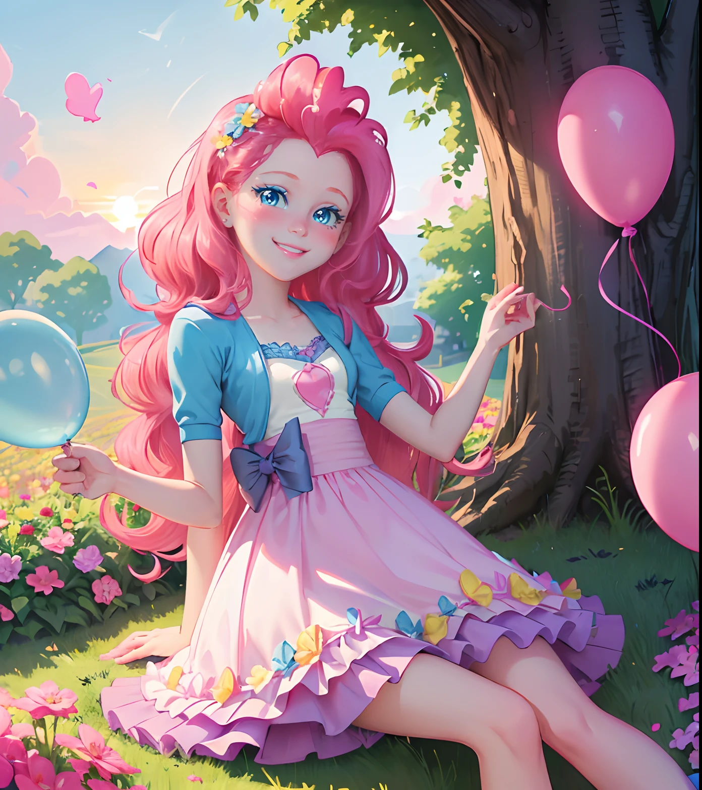 My little pony pinkie pie, pinkie pie, pinkie pie in the form of a girl, long dark pink hair, blue eyes, long pink and blue frilly dress, white frilly thigh high, small pink heels, blue sky, pink clouds, ((sitting in a pink and blue flower field)), staring at viewers, (light pink skin 1.5), soft blush, happy smile, soft smile, holding flowers, blue balloons flying everywhere, ((sunrise 1.0)), highly detailed lighting, yellow light, in a beautiful flower field, pink and blue flowers everywhere, blue eyeshadow (( BLUE EYES 2.0 )), flowers everywhere, SITTING UNDER A TREE HOLDING FLOWERS, pink skin, bubbles and ballon all around