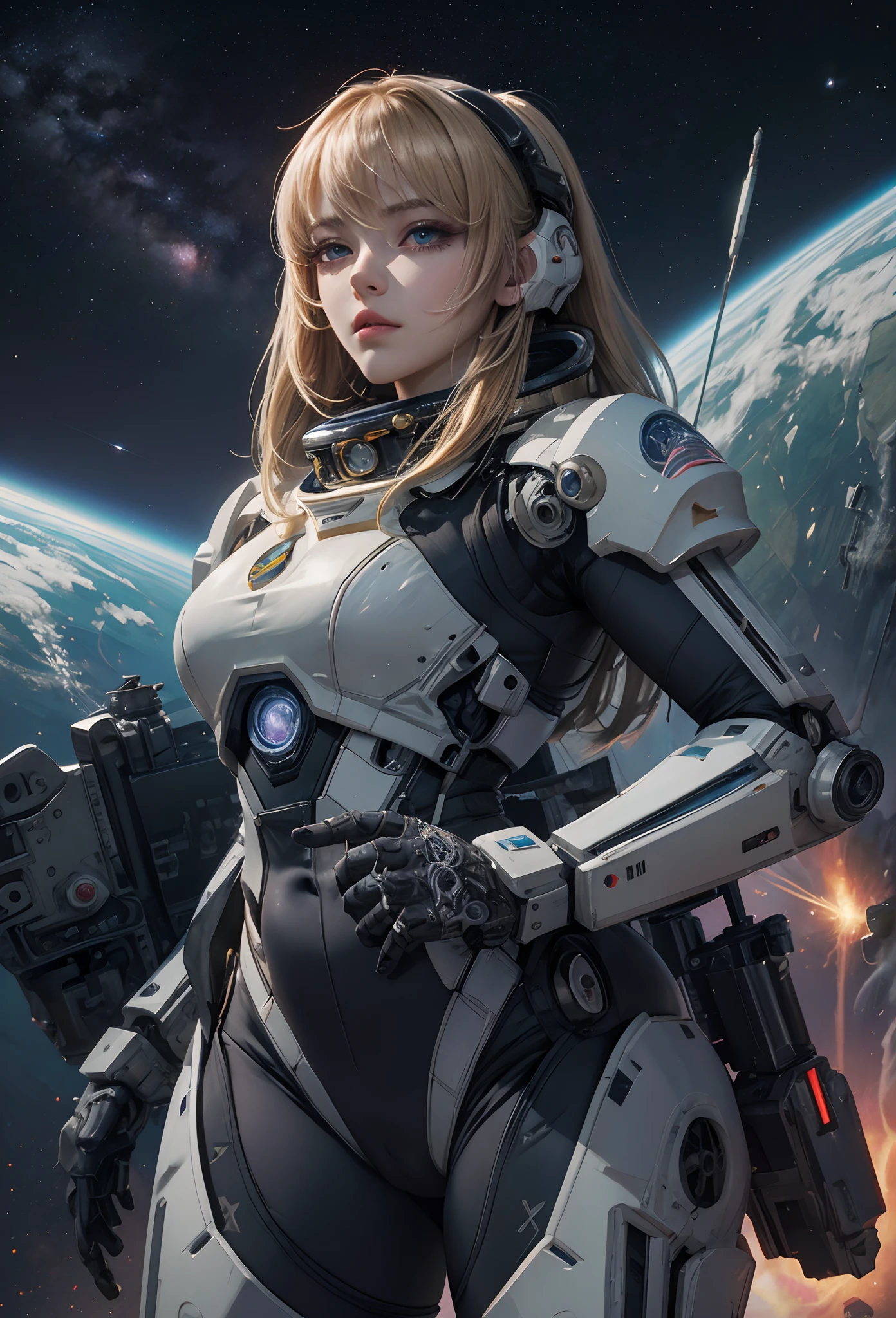 (Detailed illustrations,Very detailed and detailed drawing,Delicate lines with slow and rapid,Realistic texture expression),[Color tressed main line],(Space Battlefield [Space Mobile Fortress]),[独奏],HENTAI (((ANIME) BIONICGirl) Beauty  ((well-muscled) [plump])) (Astronauts Cyborg) [Space Marine Corps Military [MASCHINEBODY]],Bullet Belt Javelin [[Firearms, Machine Guns, Bazookas] Saber Rifle ][[Rocket Pack]],Zero Gravity Front,gravure [[White Devil] [Outer space combat]] Battle Damage,[retro-futuristic],(Intricate and beautiful decoration [Dense detail]),(Fine and beautiful skin expression [Transparency]),[Perfect eye details (Iris beautifully drawn in every detail)[Jewel-like eyes]],[long and beautiful eyelashes],[Meticulously drawn hair [More on beautiful and shiny hair]],(Perfect hand details [Beautiful fingers without breakdowns [Beautiful nails]]),(Perfect Anatomy (Perfectly proportioned)) [[Full body like]],[[Design built to the highest level]][Ideal color coordination(Accurate simulation of light-material interactions)],(HighQuality,[Precision Detail] hight resolution,(detaileds,high-detail)),[Visual art that conveys a sense of narrative].
