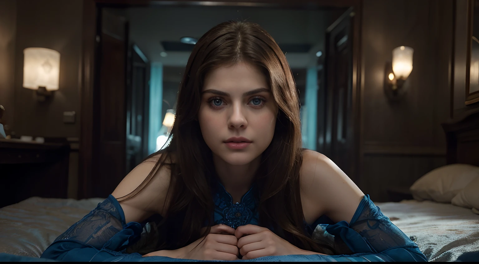 Create a captivating close-up portrait of Alexandra Daddario, featuring her distinctive blue eyes, framed by her long flowing hair. Dress her in a mesmerizing blue gown that enhances the luminosity of her eyes. Holding a vibrator. Ensure every intricate detail is captured in this realistic professional and marketing photoshoot. Make the eyes and face absurdly beautiful, with a symmetrical and flawless appearance. Let her perfect blue eyes draw the viewer in, captivating them with their depth. The final result should be an incredibly detailed and lifelike representation, showcasing the true beauty of Alexandra Daddario. --ar 16:9 --v 5.2