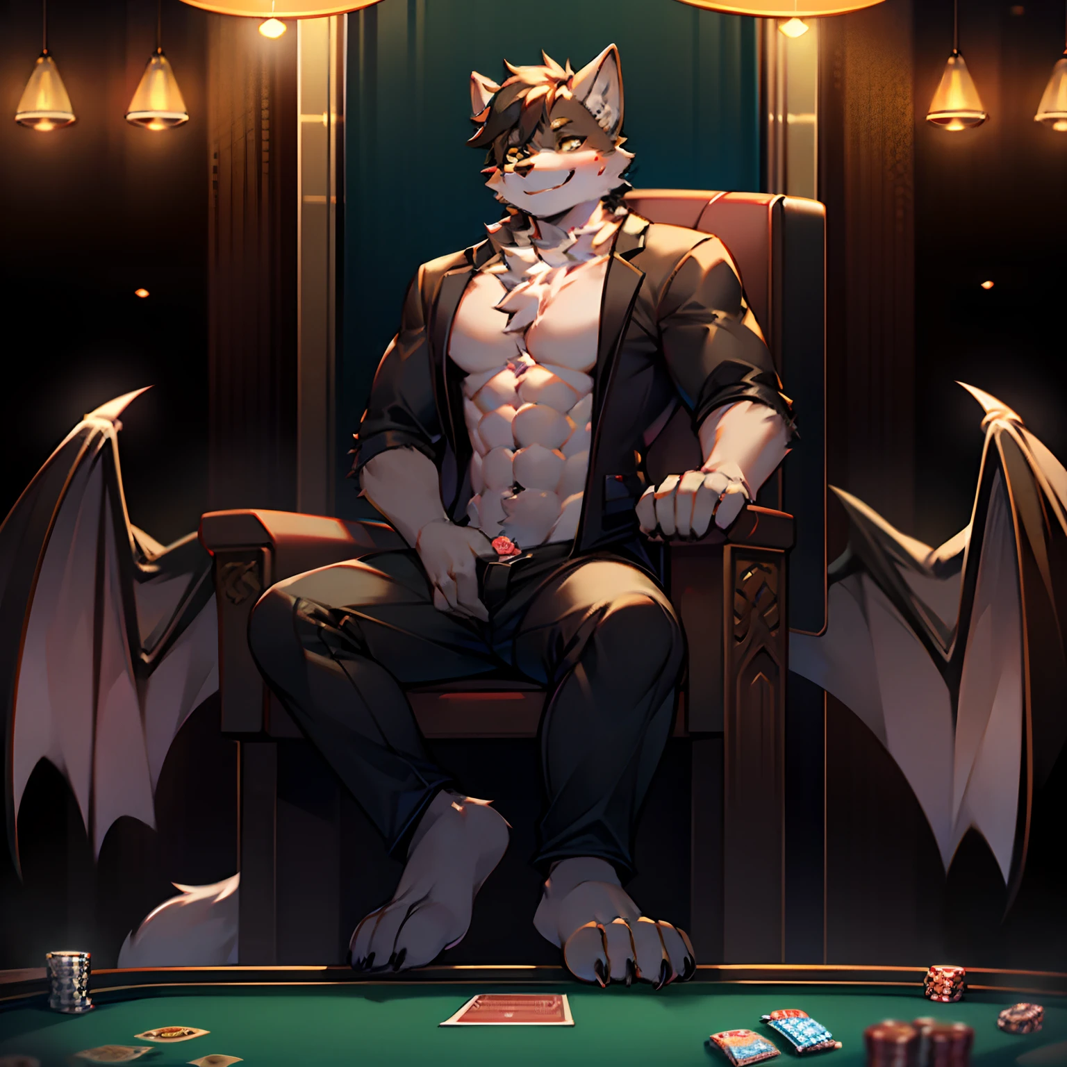 Furry Naked upper body Pursed lips and smiling Eyes are black inside and outside and yellow in the middle Exposed chest muscles Posture Sitting on a chair and playfully looking at the gambling cards in his hand Casino Masterpiece casino of the highest quality Exquisite details, Purple Fur, White Fur, purple eyes, glasses, penis, High Quality, no grain