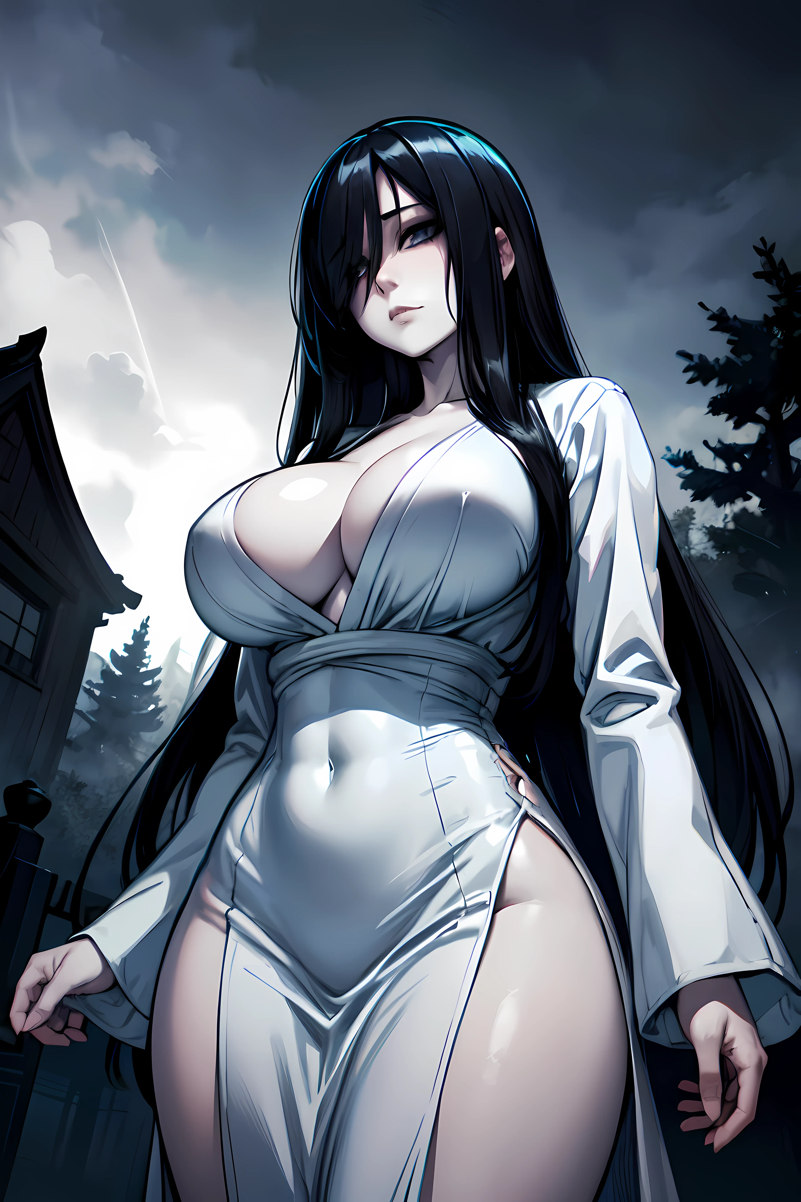 (masterpiece), best quality, expressive eyes, perfect face, yamamura sadako, 1girl, solo, sadako, (hair over eyes:1.4), dark theme, curvy, dark atmosphere, cleavage, closed mouth, oversized white dress,  ((long sleeves)), cowboy shot, ((from below)), serious, (pale skin:1.2), grey skin, (sagging breasts:1.2), (huge breasts:1.4), breast focus,