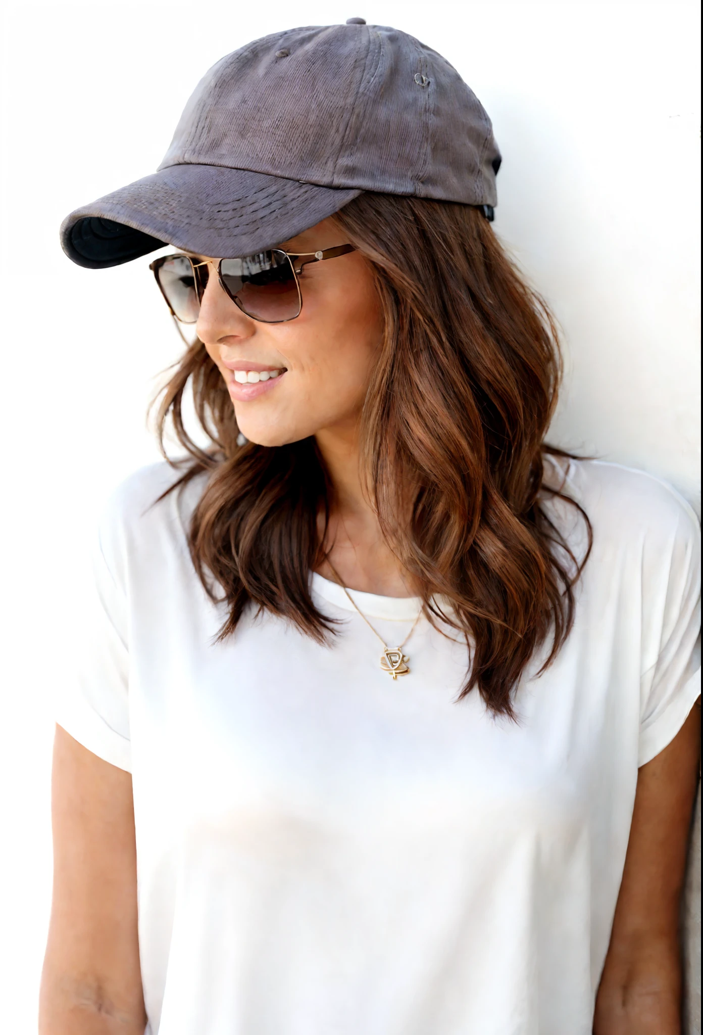 A woman wearing a hat and sunglasses standing against a wall, wearing sunglasses and a cap, wearing a baseball cap, wearing a baseball hat, cabelos ondulados na altura dos ombros, wearing baseball cap, wearing sunglasses and a hat, Cabelos longos ondulados castanhos claros, wearing a backwards baseball cap, cabelos castanhos ondulados, wearing a cute hat, wearing a backwards baseball cap