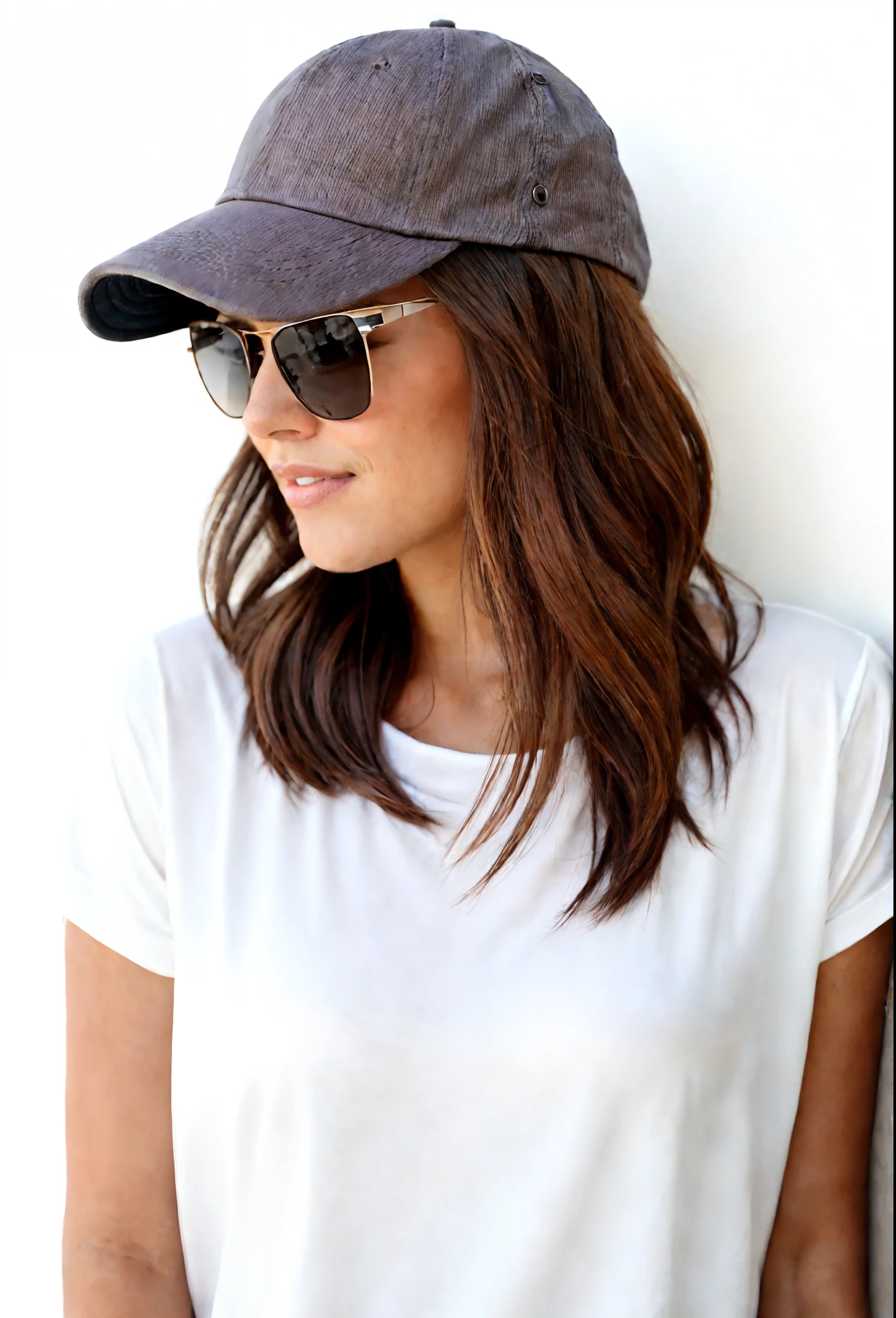 A woman wearing a hat and sunglasses standing against a wall, wearing sunglasses and a cap, wearing a baseball cap, wearing a baseball hat, cabelos ondulados na altura dos ombros, wearing baseball cap, wearing sunglasses and a hat, Cabelos longos ondulados castanhos claros, wearing a backwards baseball cap, cabelos castanhos ondulados, wearing a cute hat, wearing a backwards baseball cap