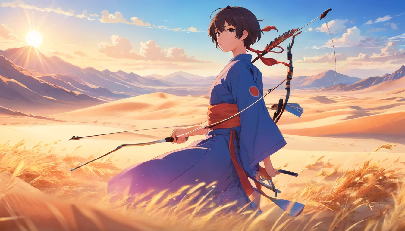 Best quality,Highly detailed,Masterpiece，Asian male，in a panoramic view，at the desert，The background is desolate，archery，Archery competition，wearing a hanfu，Square face，Deep eyes，Beard