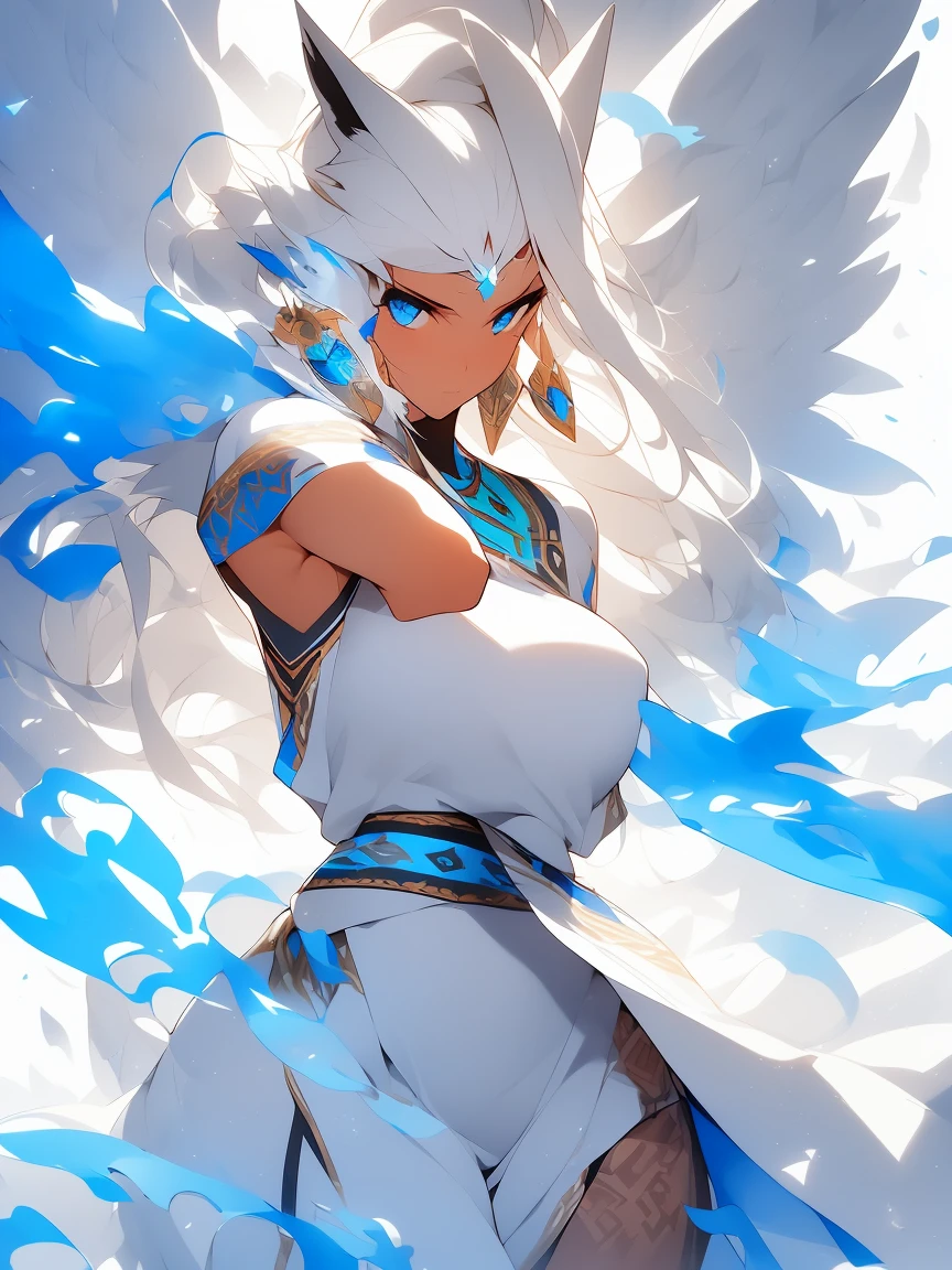 masterpiece, Cowboy shot, (1woman), (white fox), (tribal dress:1.2), (beautiful blue eyes), ((tribal (Eagle) tattoo)), white and blue colors, foggy background, dynamic pose, (looking at viewer), (front view), (from sky), (bokeh:1.2)