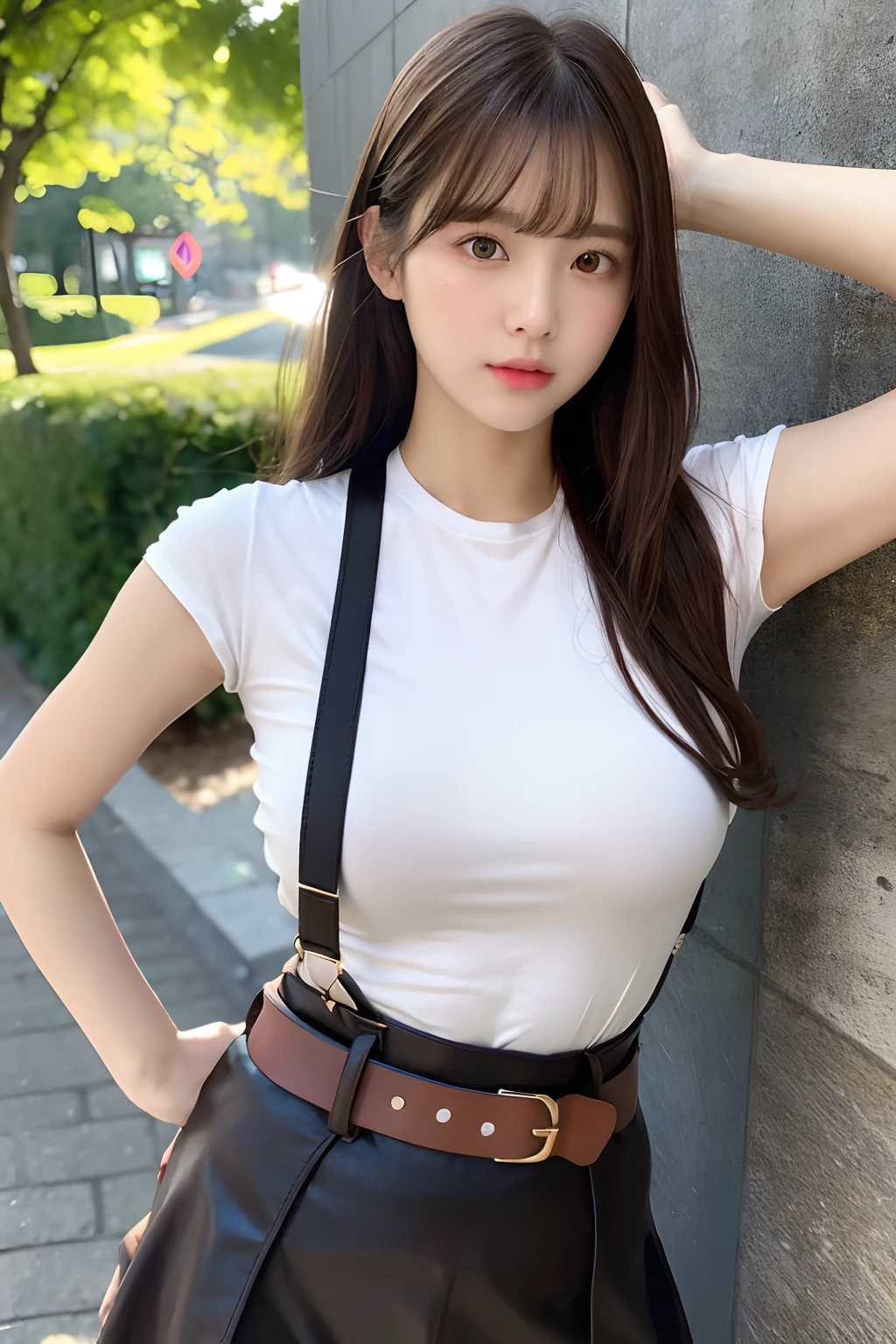 masterpiece、flat-colors、depth of fields、lens flare 1 girl、、Brown hair、watching at viewers black suspenders bulging big breasts Armpit sweat perspiring Side of both hands walls: Black miniskirt garterbelts Gaze Small face Bangs Upper Eyes flank Rat-colored eyes holster Belt Cutter Shirt
