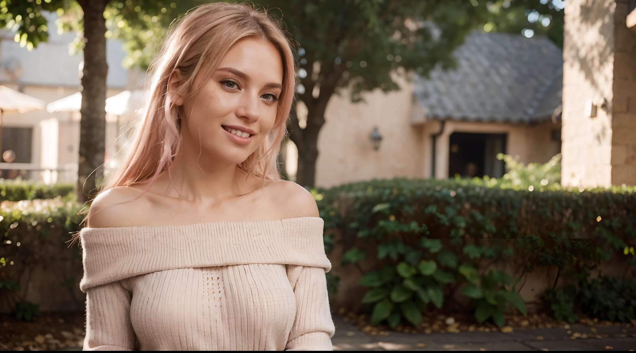Hyper realistic, ultra detailed photograph of a woman with messy blond hair (pink highlights) wearing an off shoulder slim sweter, mature face, ((full body shot)), laughing out loud and dancing, sunlight fractal details, depth of field, detailed gorgeous face, natural body posture, captured with a 85mm lens, f4.6, bokeh,ultra detailed, ultra accurate detailed, bokeh lighting, surrealism, urban settin, ultra unreal engine, intricate, epic, freckles