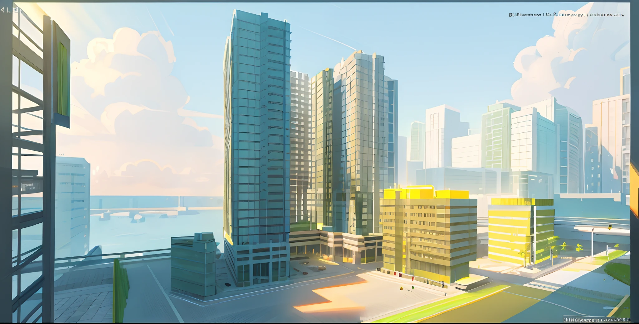 a drawing of a tall building with a lot of windows, concept image, rendering of checkmate, perspective view, sharp hq rendering, conceptual rendering, architectural rendering, detailed rendering, conceptual, architecture render, concept drawing, rendered, architectural concept diagram, radiosity rendering, architectural illustration, from street level, digital model, view from ground level, architectural concept,blue sk,yellow sunshine,joont graden,aluminum window and doors,hight quality image 8k,the terrace is planted with green trees,hight qualyti image,blue sky,white clouds,yellow sunshine,in front there is a park,green bamboo garden