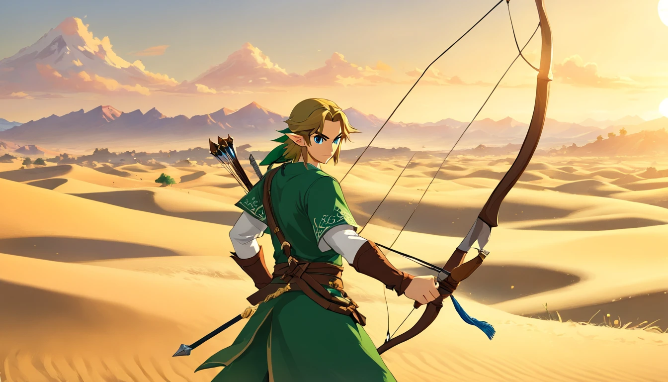 Best quality,Highly detailed,Masterpiece,Asian male,in a panoramic view,at the desert,The background is desolate,archery,Archery competition,wearing a hanfu,Square face,Deep eyes,Beard