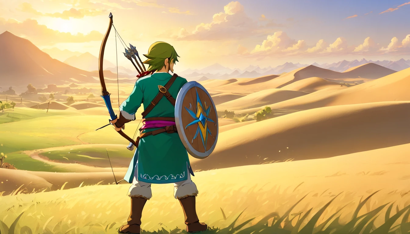 Best quality,Highly detailed,Masterpiece,Asian male,in a panoramic view,at the desert,The background is desolate,archery,Archery competition,wearing a hanfu,Square face,Deep eyes,Beard