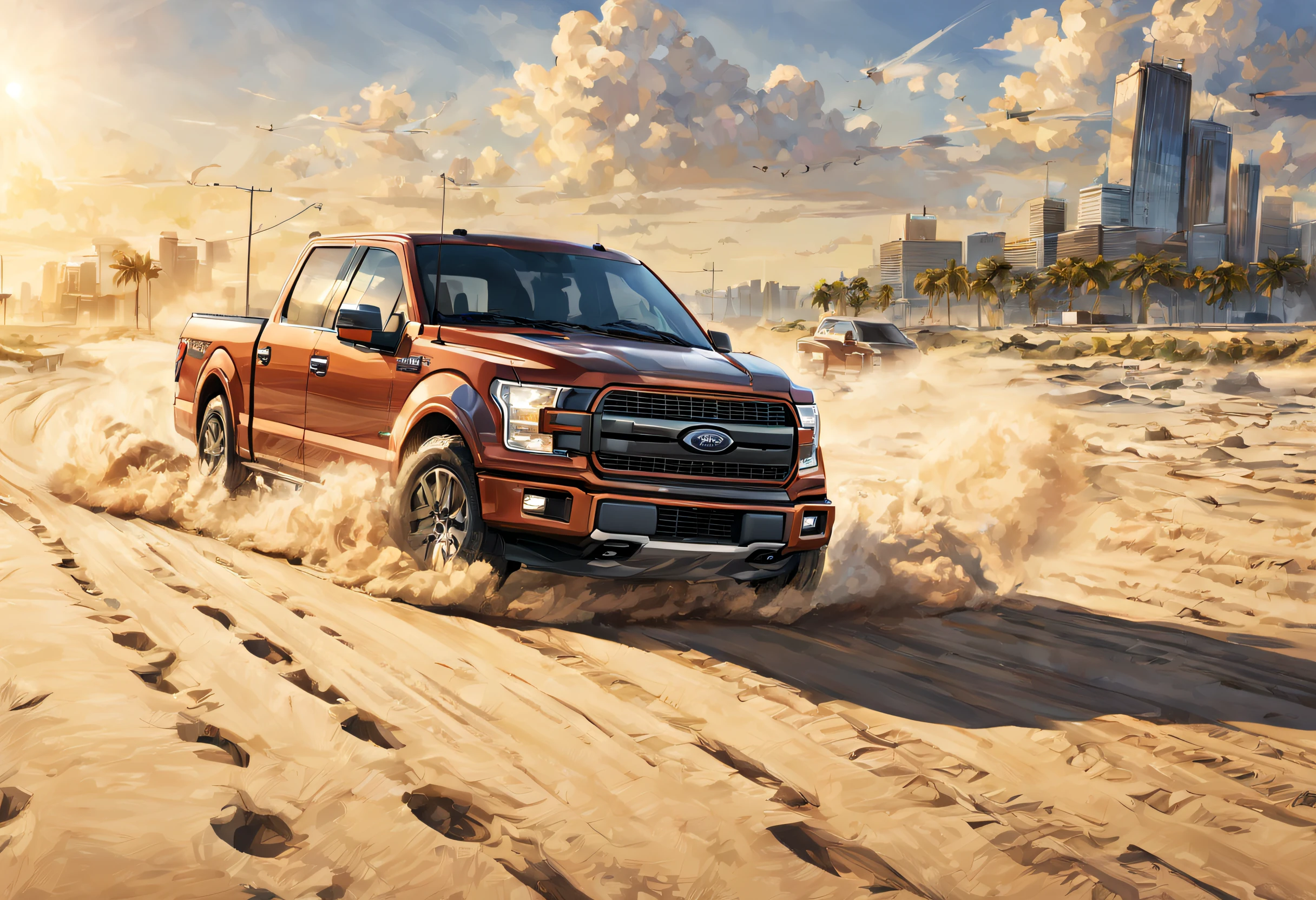 Ford F-150 SVT, en train de rouler sur le sable, avec du soleil, style dessin manga, Realstic, Distant view