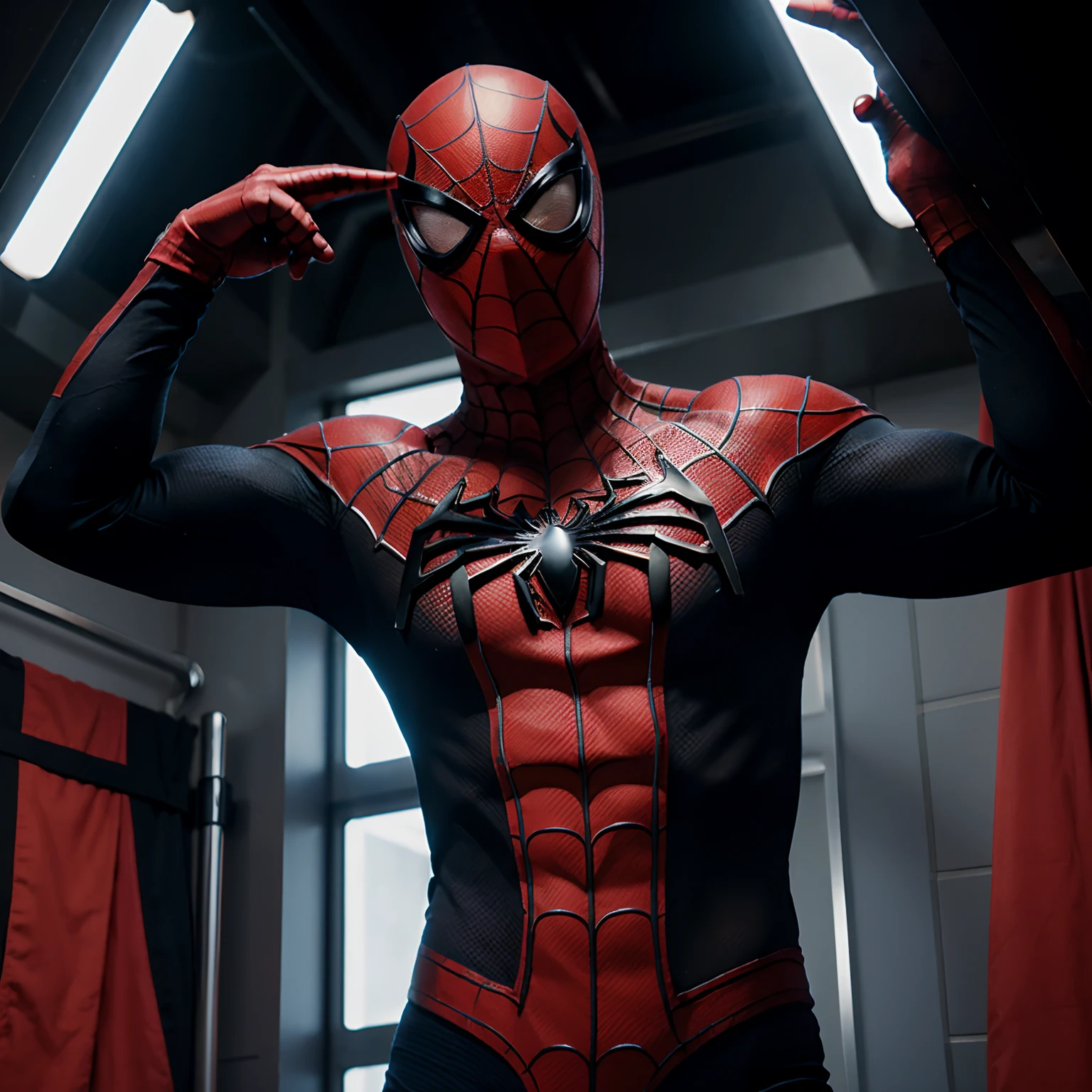 A highschool boy wearing a tight spiderman suit with a mask and hood