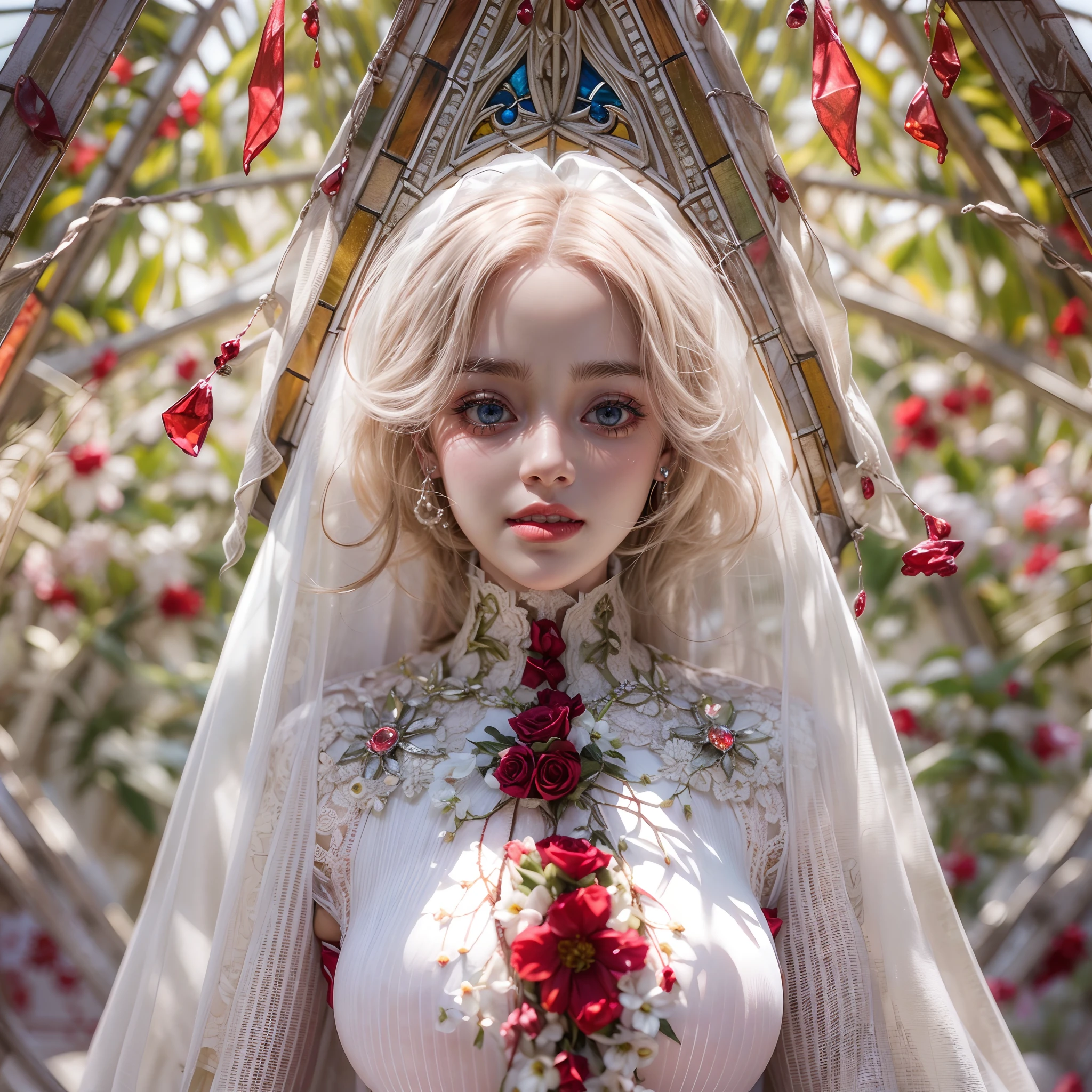 { wide-angle | FullBody:1.2 | Dynamic-angle | Ass focus }, (Whole Body proportions and all limbs are expressed in anatomical precision),(((masutepiece:1.25))), 8K highres, { Physically-based rendering | White and Vivid colors | Zoom Layer }, { (((Photorealistic:1.37)))| (F/4.0, canon) }, (Detailed glistening skin), Detailed face and eyes, { ((Beautiful bride goddess))|(Brilliant Red shiny Ruby accessories) | earrings | Ruby ring | Delicate white lace knitted see-through wedding dresses | Flowers | Floating hair| Random hair color | Blonde hair }, { (Mystical sight) | God rays |((colorful Light shines through stained glass:1.2)) }, { Gigantic Cleavage:1.37 | Overflowing | Biomechanical HUGE and HEAVY boob | Underboob |(Navel)| Bleeding from pussy | Dripping blood from crotch | (Blood stained crotch) | Menses | Ass focus }, { (Praying) | (Delicate and feminine hands expressed in anatomical precision) | White elbow_gloves | no Dutch angle }, (((no extra limbs)))