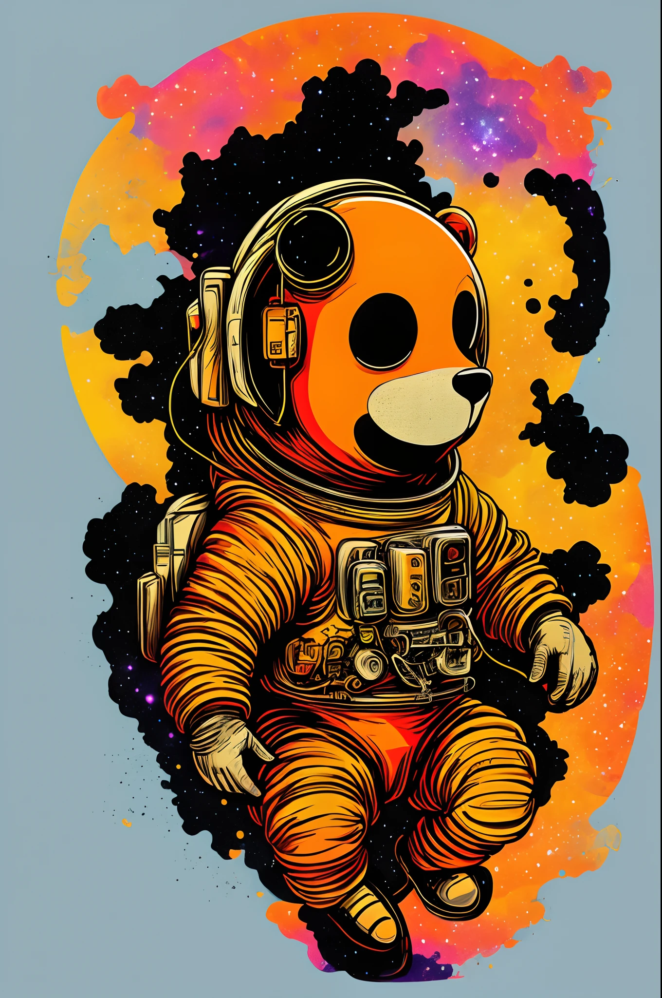 An astronaut sitting on a rock in a relaxed position, avec un ours, dans un cercle, with black background and art vector style, in a vibrant and characteristic sunset, with a detailed, sharp outline, as a t-shirt logo in art style
