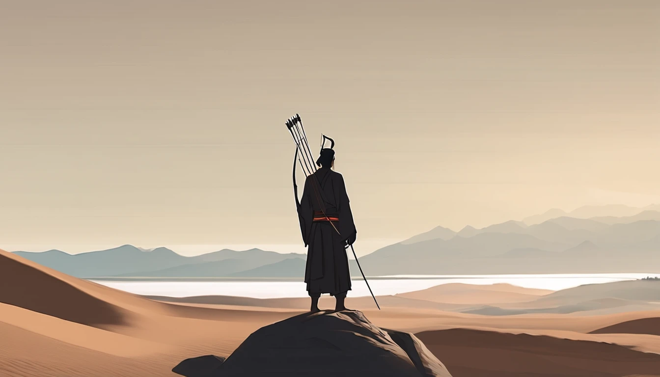 Best quality,Highly detailed,Masterpiece,Asian male,in a panoramic view,at the desert,The background is desolate,Bow and arrow competition,Archery competition,wearing a hanfu,Square face,Deep eyes,Beard