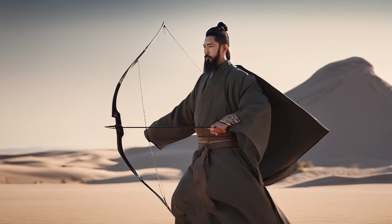 Best quality,Highly detailed,Masterpiece,Asian male,in a panoramic view,at the desert,The background is desolate,Bow and arrow competition,Archery competition,wearing a hanfu,Square face,Deep eyes,Beard
